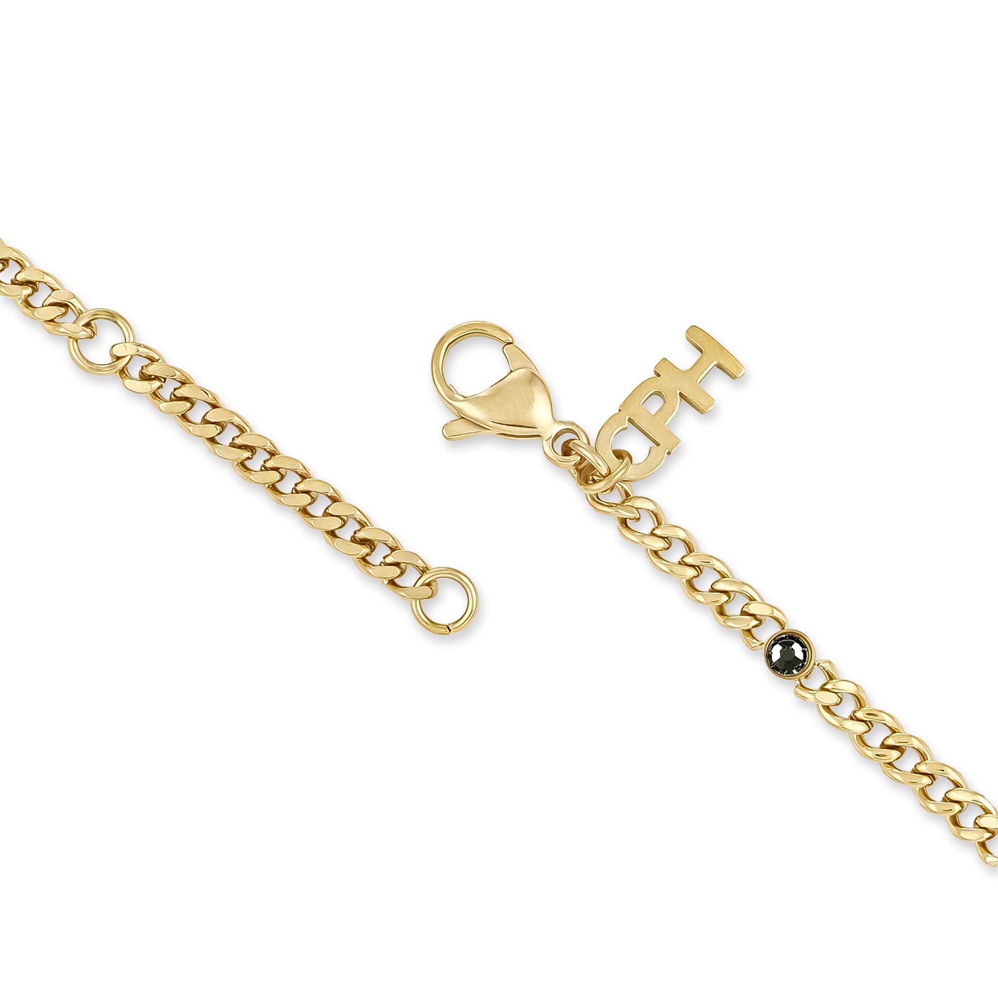 Goldfarbenes Kettenarmband mit Karabinerverschluss, kleiner schwarzer Perle und PH-Initialen - perfekt zum Kombinieren mit Ihrer Lieblingskette oder mit der COPENHAGEN STUDIOS Halskette - Glittery von Copenhagen Studios.