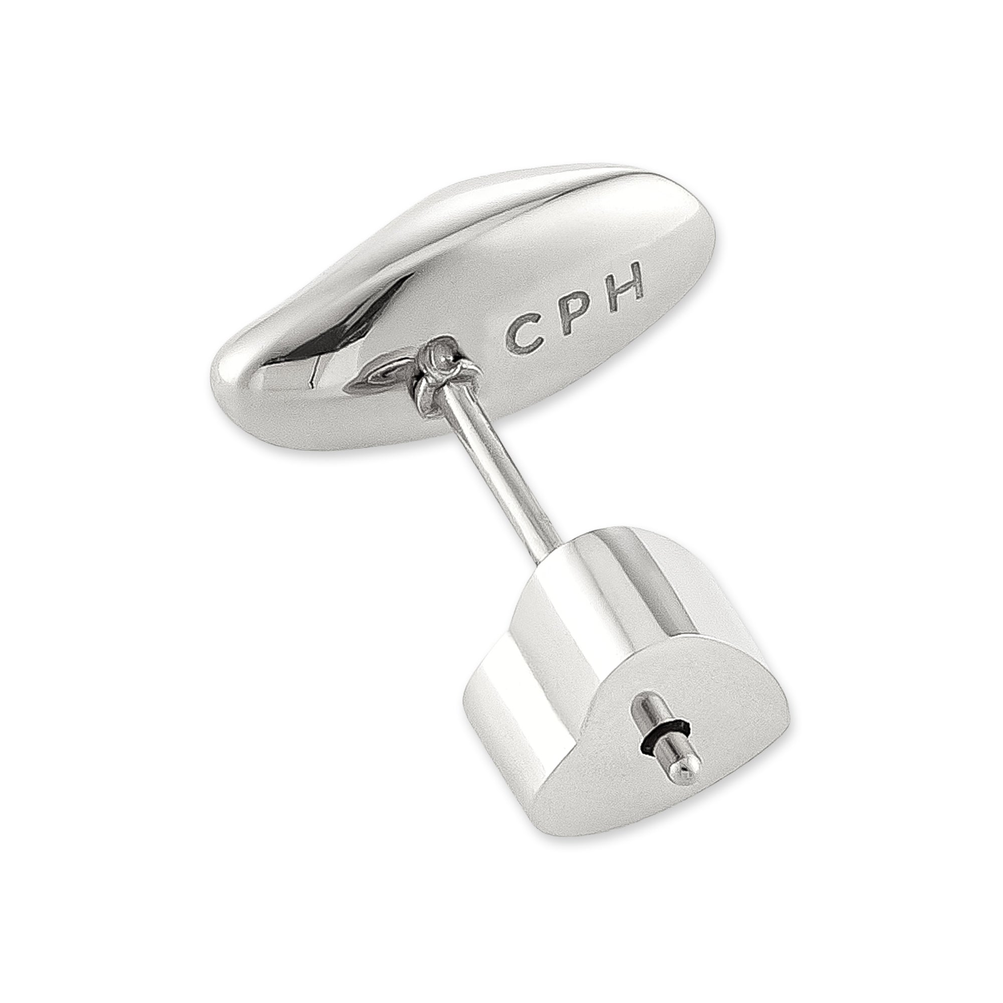 Ein silberner Ohrstecker von Copenhagen Studios mit organischen Formen, die vom COPENHAGEN STUDIOS Design inspiriert sind, wird auf einem weißen Hintergrund dargestellt.