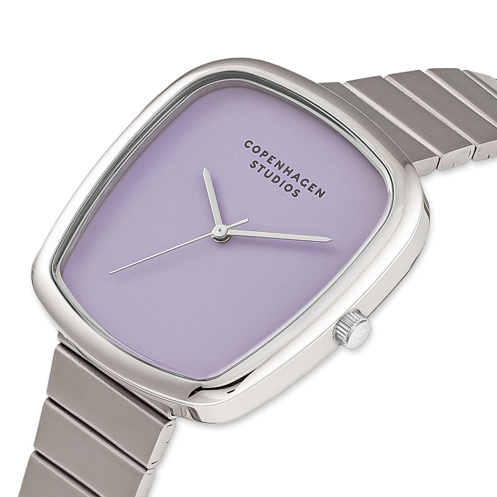 COPENHAGEN STUDIOS Armbanduhr - Curved Watch von Copenhagen Studios: Eine silberne Damenuhr mit lavendelfarbenem Zifferblatt und minimalistischem Design, ideal für einen zeitgenössischen Stil.