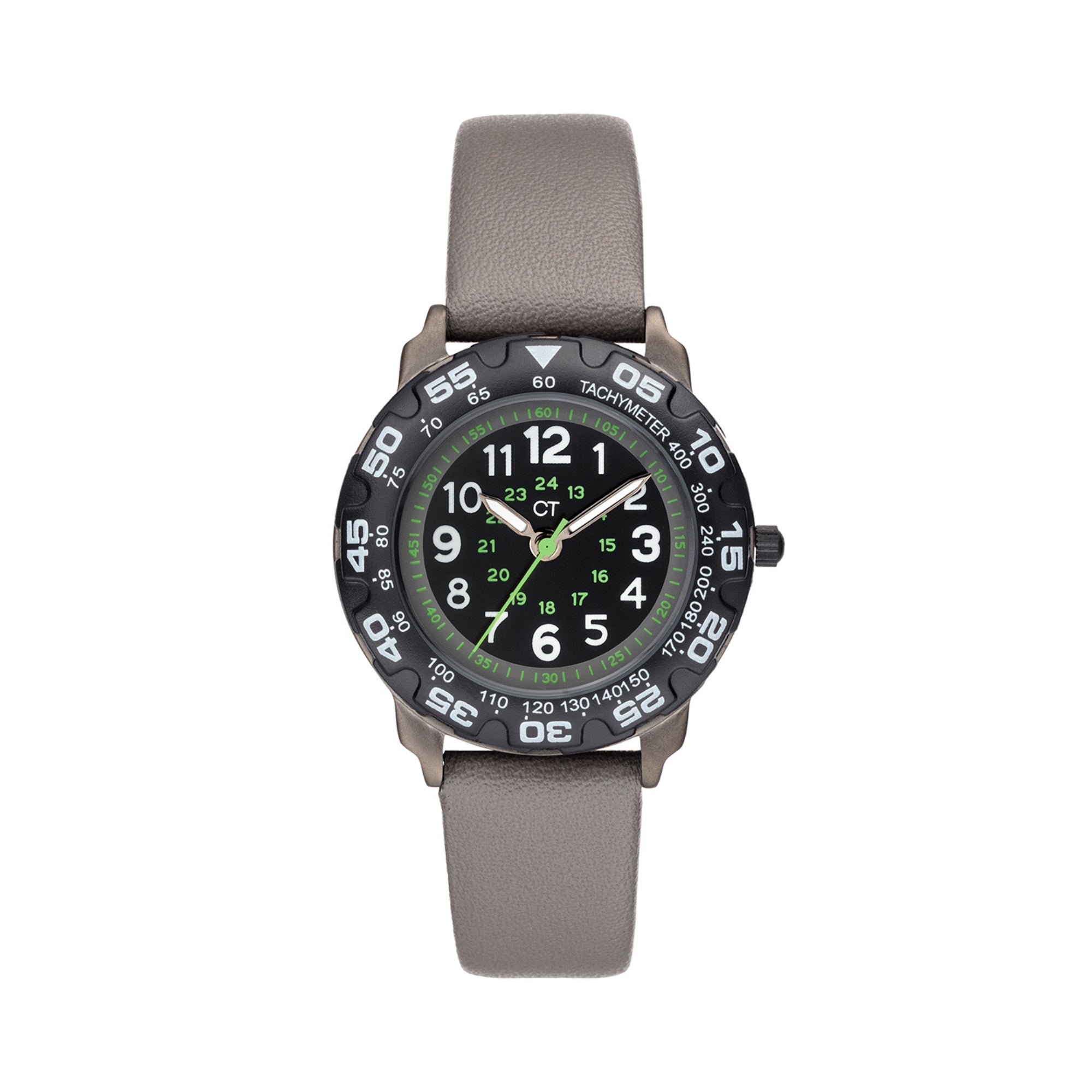 Cool Time Kids Armbanduhr mit schwarzem Zifferblatt, grauem Gehäuse mit schwarzem, drehbarem Topring und grauem Kunstlederarmband; Produktbild
