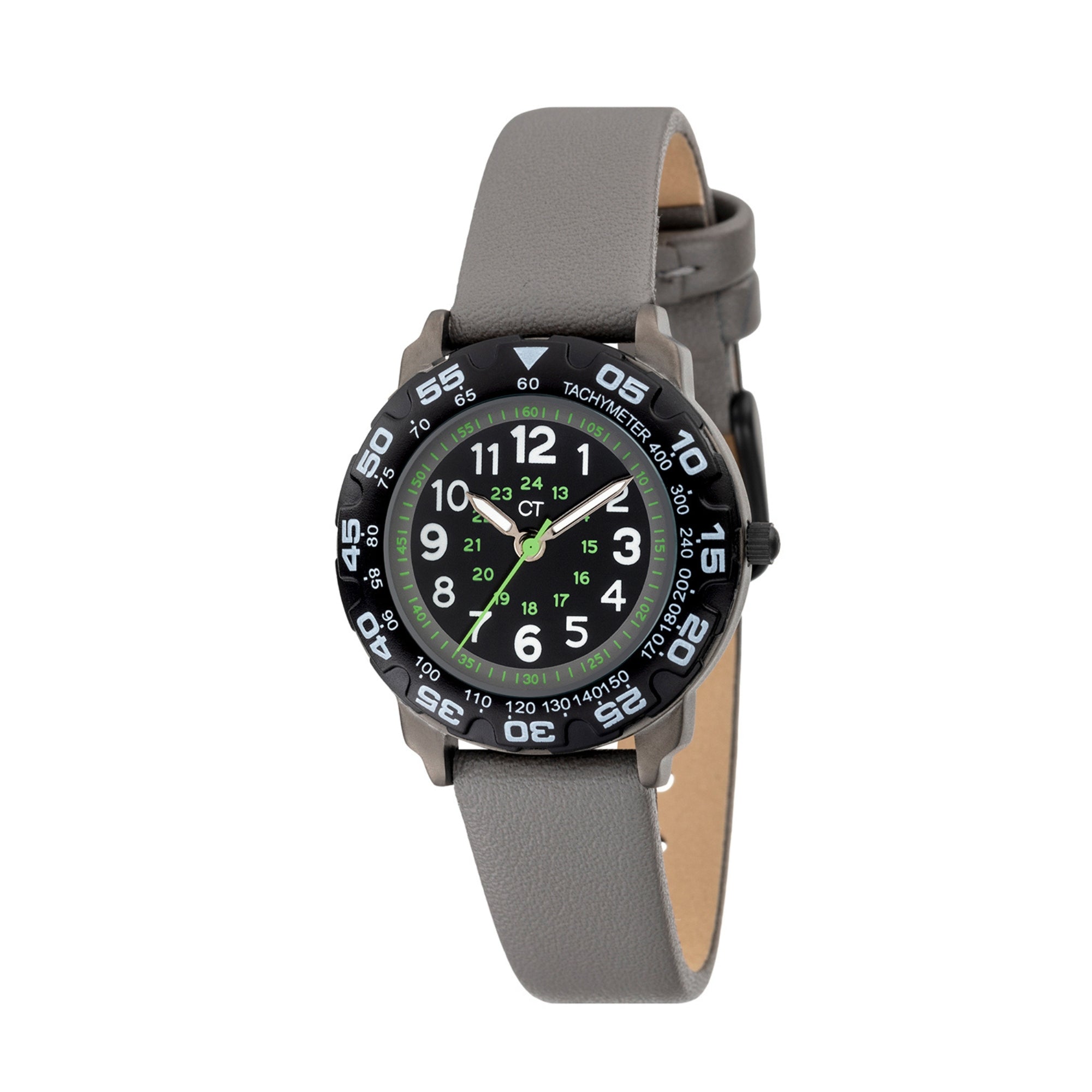 Cool Time Kids Armbanduhr mit schwarzem Zifferblatt, grauem Gehäuse mit schwarzem, drehbarem Topring und grauem Kunstlederarmband; Produktbild