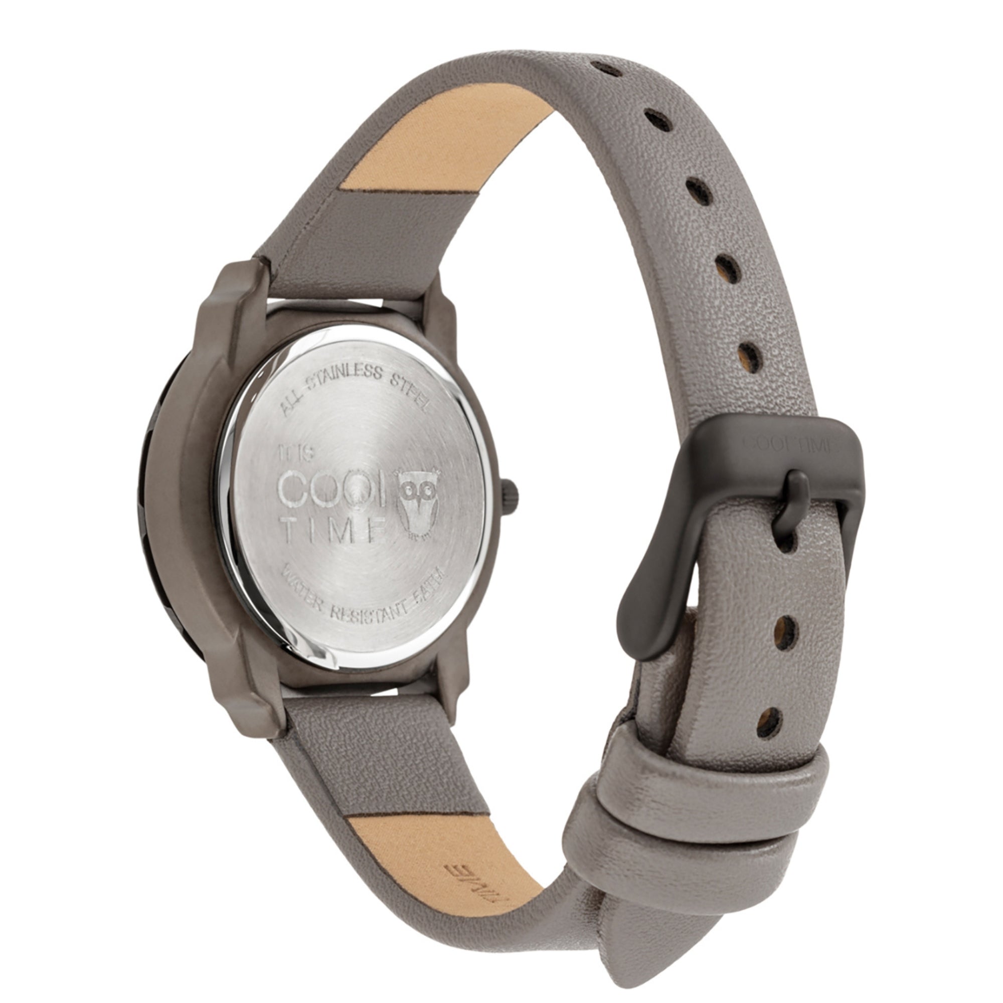 Cool Time Kids Armbanduhr mit schwarzem Zifferblatt, grauem Gehäuse mit schwarzem, drehbarem Topring und grauem Kunstlederarmband; Rückansicht