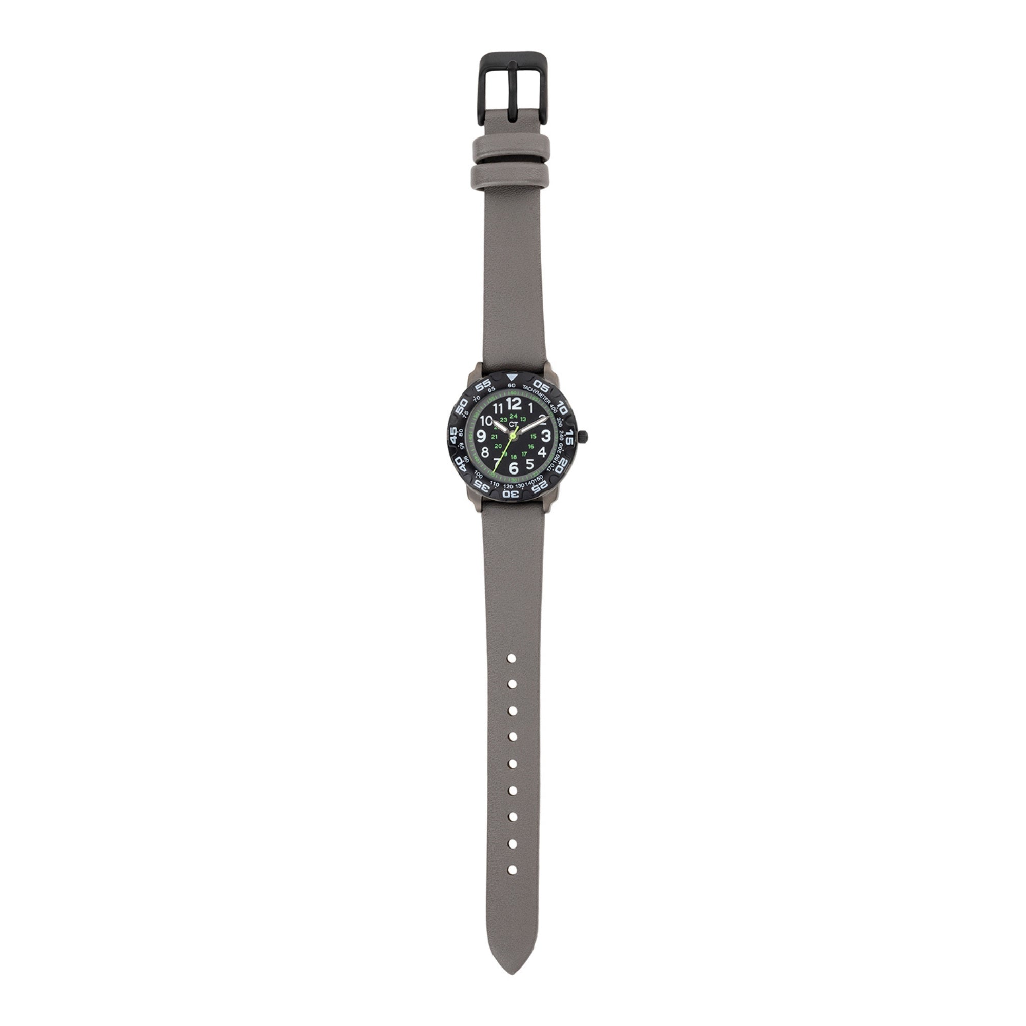 Cool Time Kids Armbanduhr mit schwarzem Zifferblatt, grauem Gehäuse mit schwarzem, drehbarem Topring und grauem Kunstlederarmband; Zusatzbild