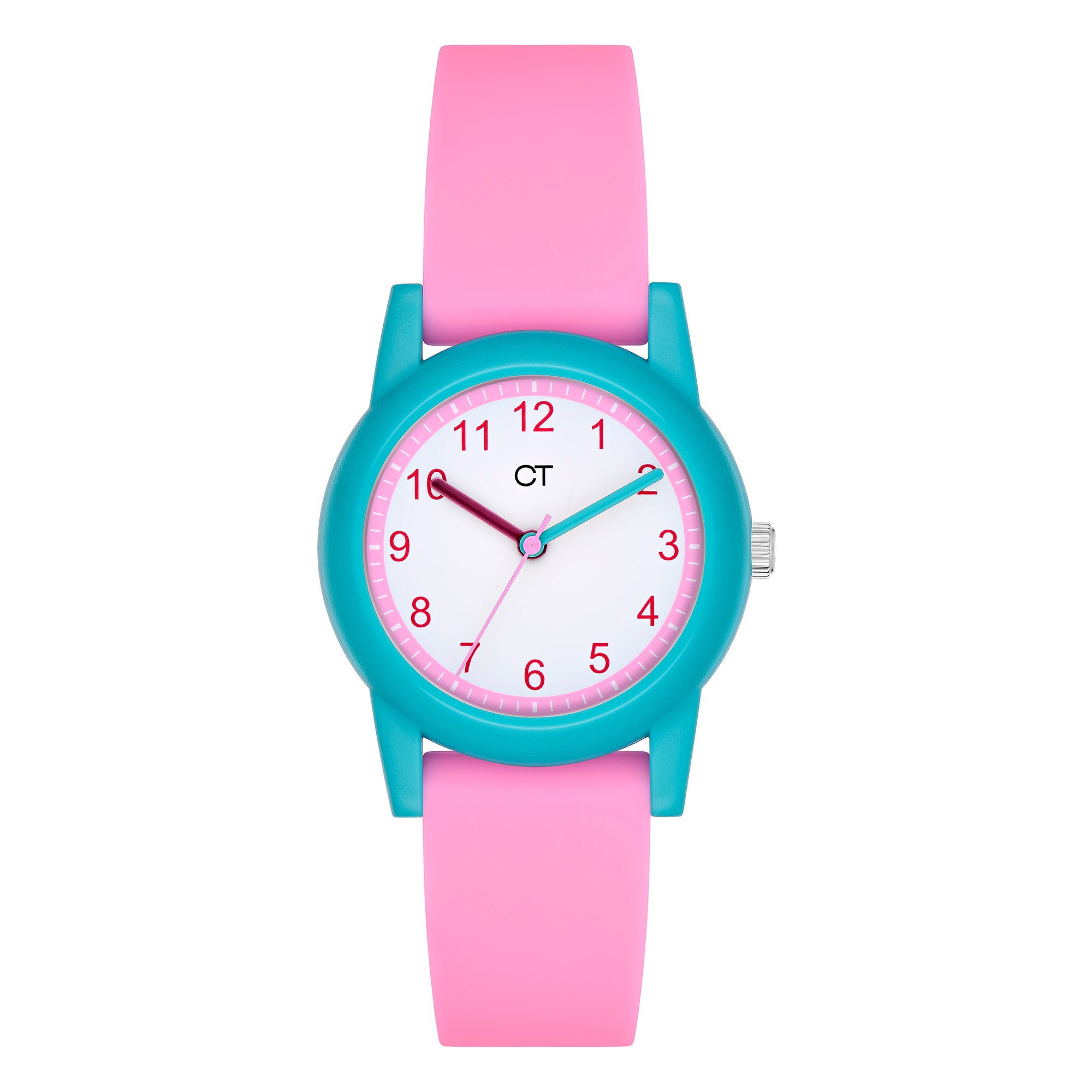 Cool Time Kids Armbanduhr mit rosa Zifferblatt, blauem Gehäuse und pinkem Silikonband; Produktbild