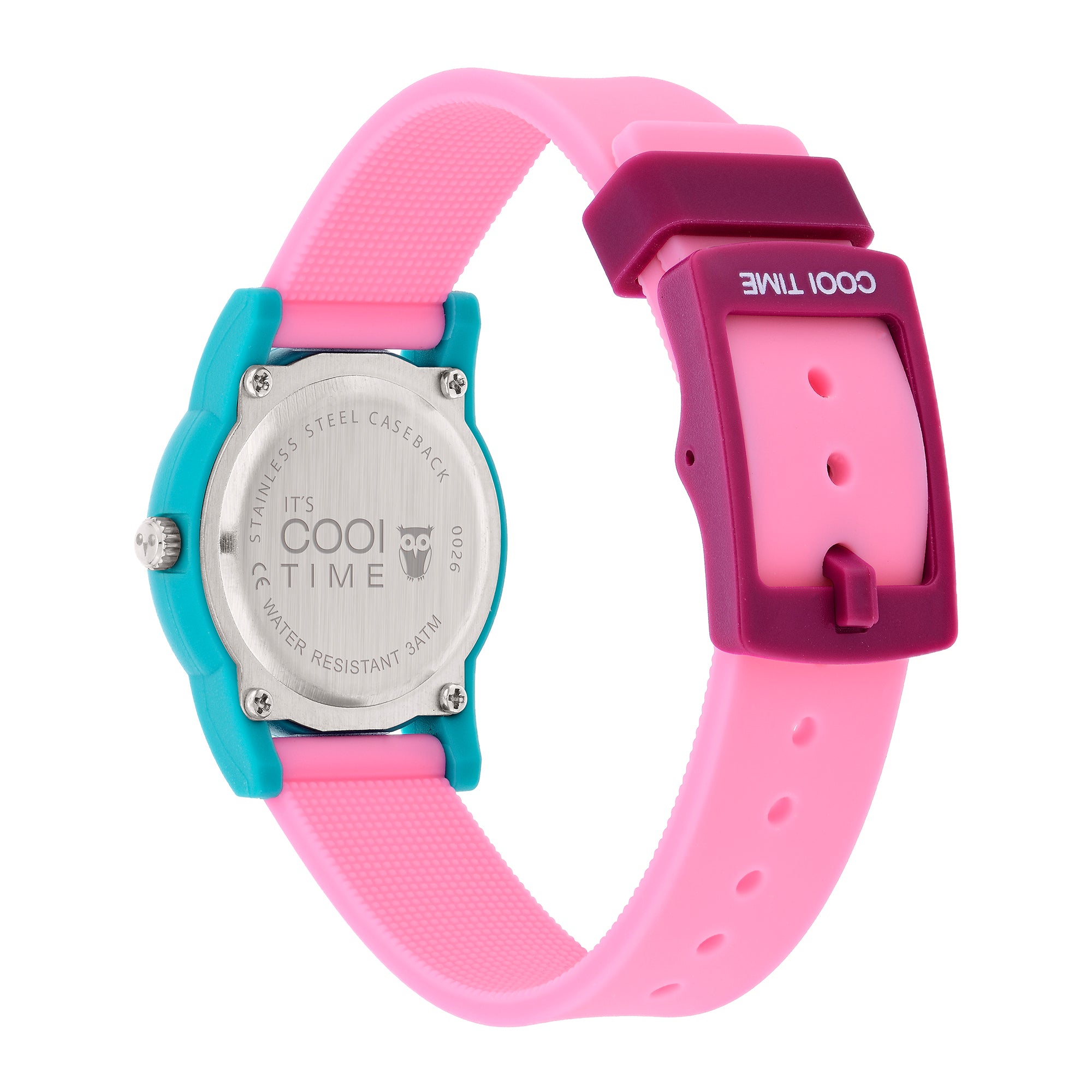 Cool Time Kids Armbanduhr mit rosa Zifferblatt, blauem Gehäuse und pinkem Silikonband; Rückansicht