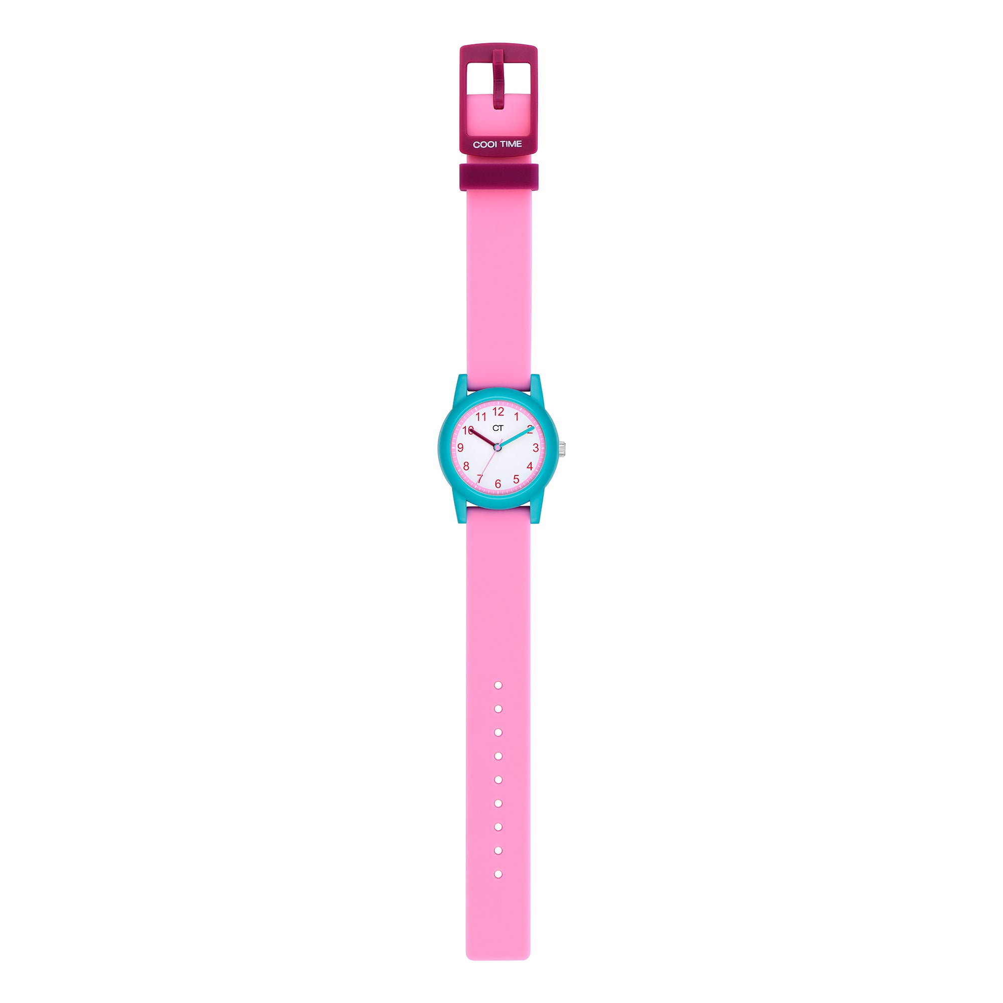 Cool Time Kids Armbanduhr mit rosa Zifferblatt, blauem Gehäuse und pinkem Silikonband; Zusatzbild