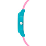 Cool Time Kids Armbanduhr mit rosa Zifferblatt, blauem Gehäuse und pinkem Silikonband; Seitenansicht