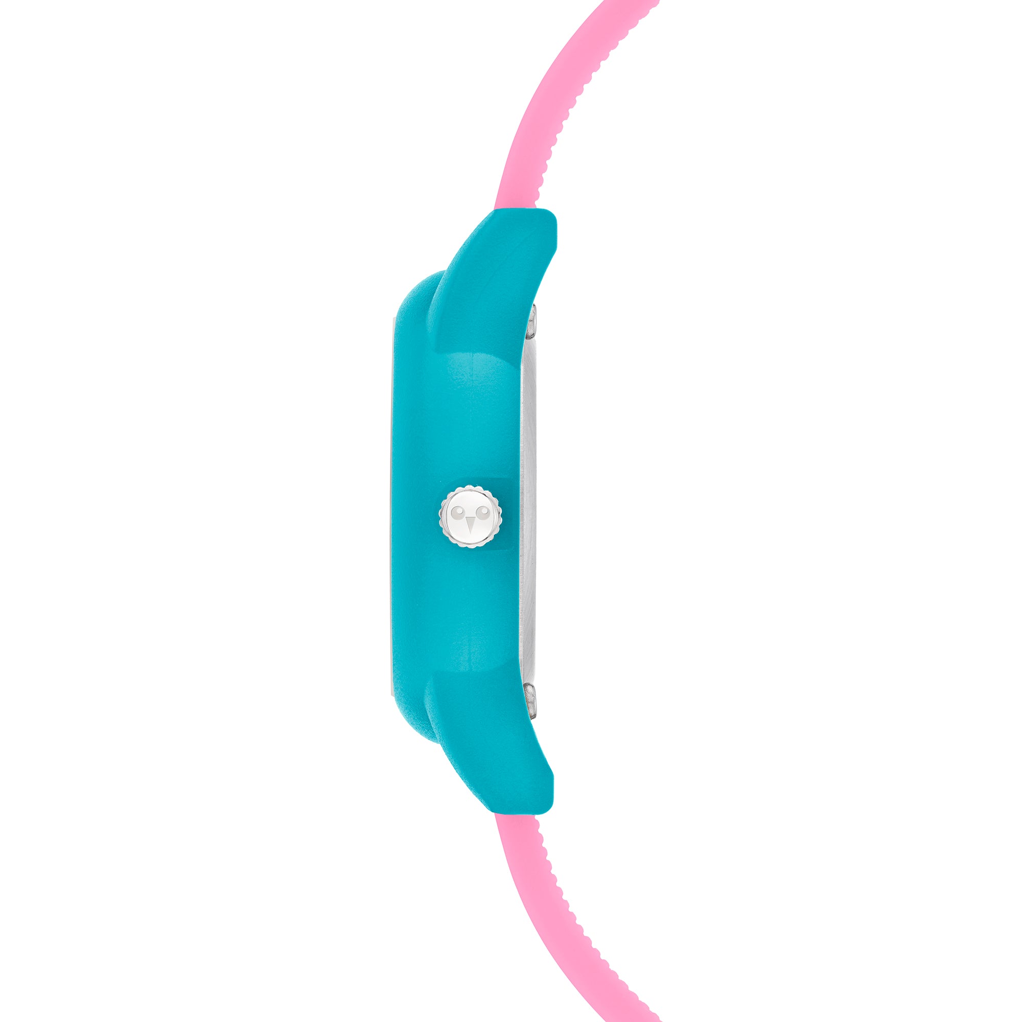 Cool Time Kids Armbanduhr mit rosa Zifferblatt, blauem Gehäuse und pinkem Silikonband; Seitenansicht