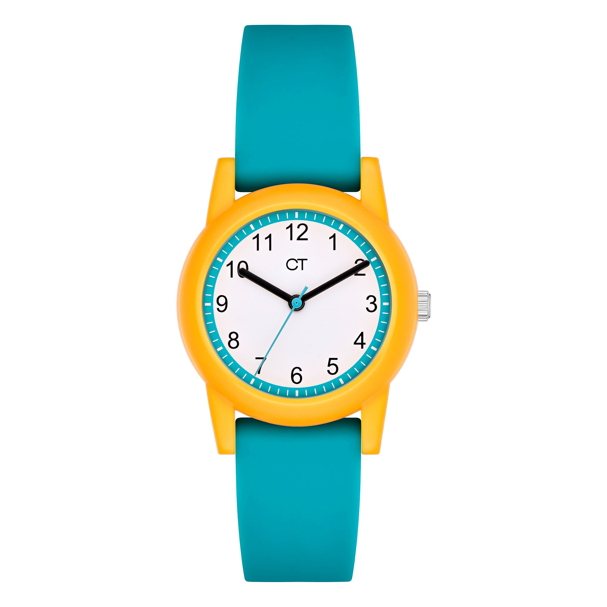 Cool Time Kids Armbanduhr mit gelbem Gehäuse und blauem Silikonband; Produktbild