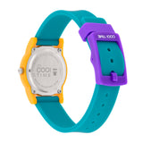 Cool Time Kids Armbanduhr mit gelbem Gehäuse und blauem Silikonband; Rückansicht