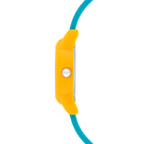 Cool Time Kids Armbanduhr mit gelbem Gehäuse und blauem Silikonband; Seitenansicht