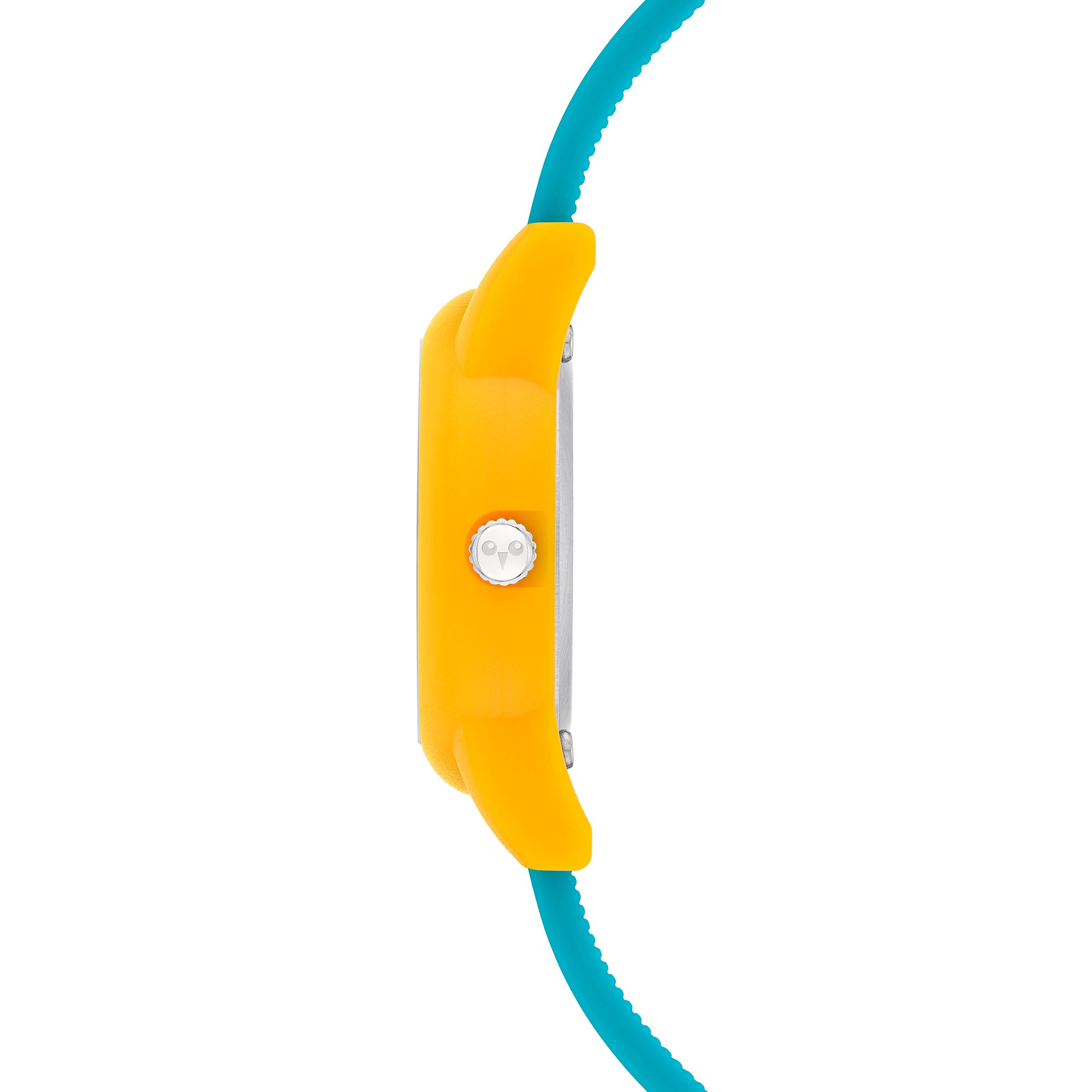 Cool Time Kids Armbanduhr mit gelbem Gehäuse und blauem Silikonband; Seitenansicht
