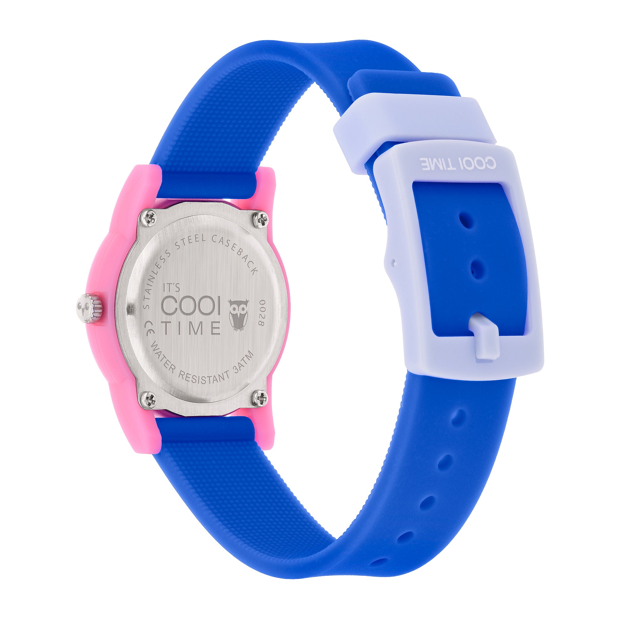 Cool Time Kids Armbanduhr mit rosa Gehäuse und blauem Silikonband; Rückansicht