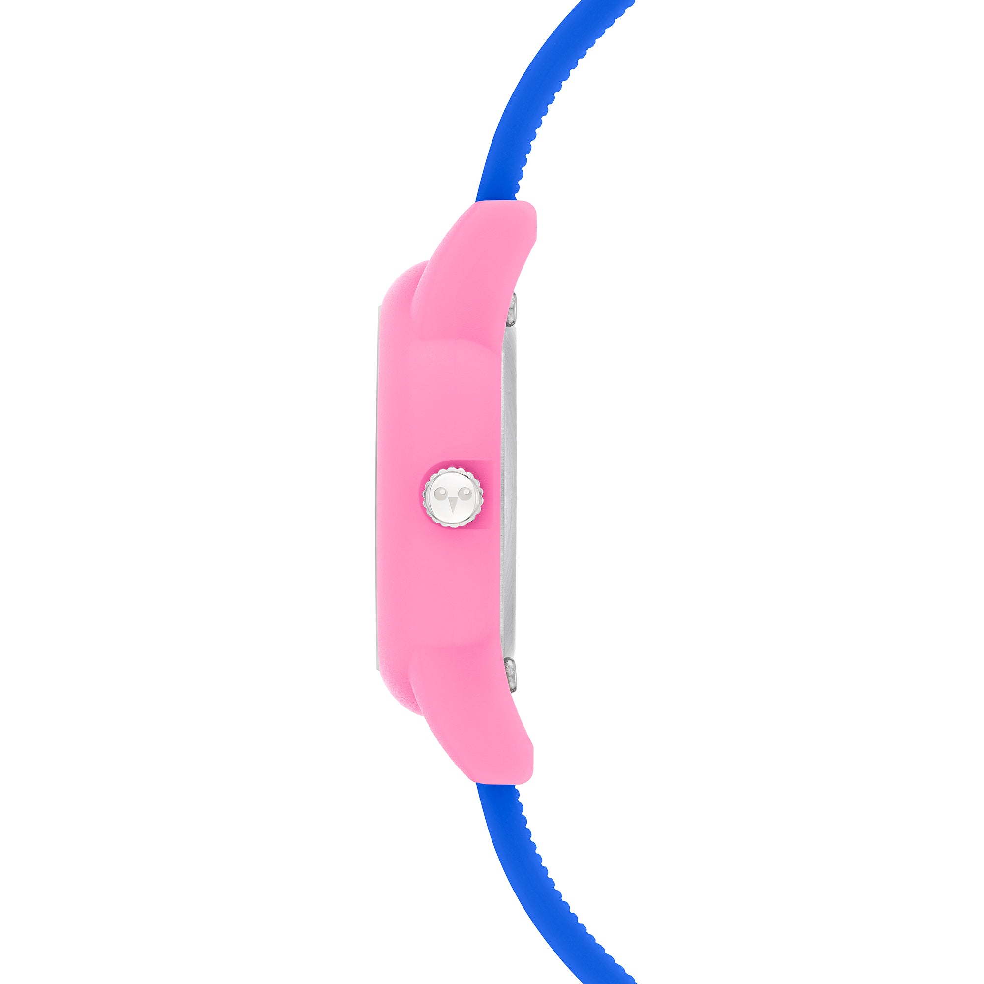 Cool Time Kids Armbanduhr mit rosa Gehäuse und blauem Silikonband; Seitenansicht