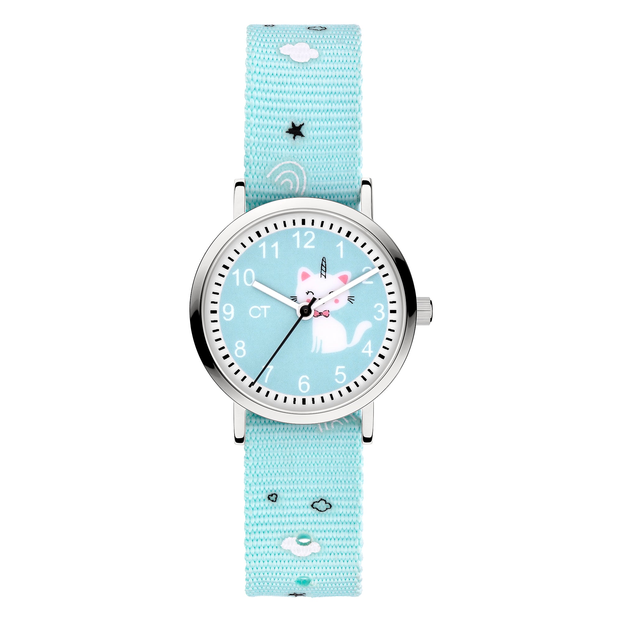 Cool Time Kids Armbanduhr mit blauem Zifferblatt mit Katzen-Design, silbernem Gehäuse und blauem Textilband; Produktbild