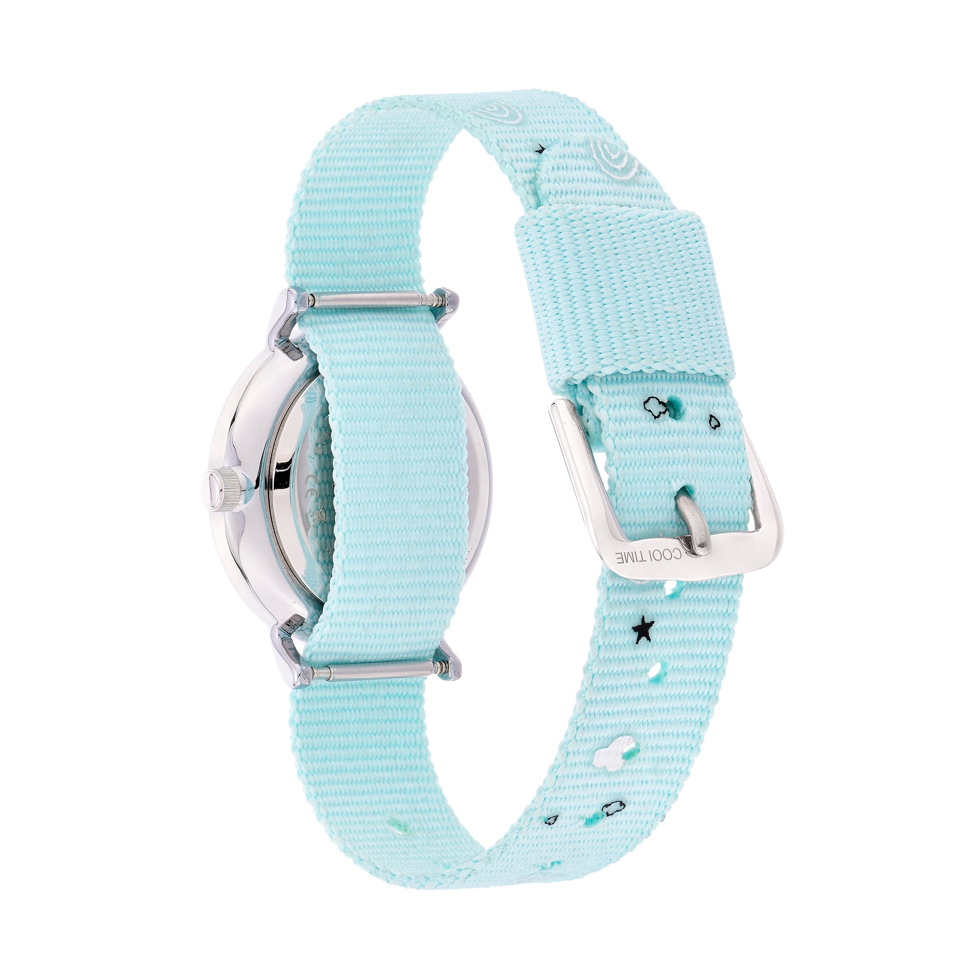 Cool Time Kids Armbanduhr mit blauem Zifferblatt mit Katzen-Design, silbernem Gehäuse und blauem Textilband; Rückansicht