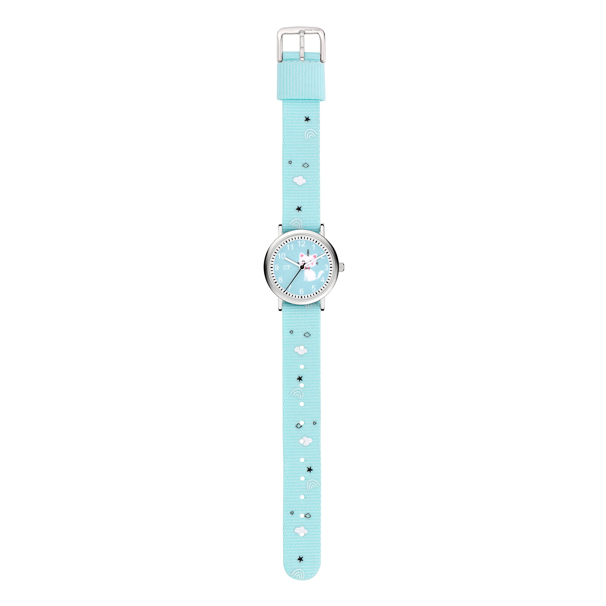 Cool Time Kids Armbanduhr mit blauem Zifferblatt mit Katzen-Design, silbernem Gehäuse und blauem Textilband; Zusatzbild