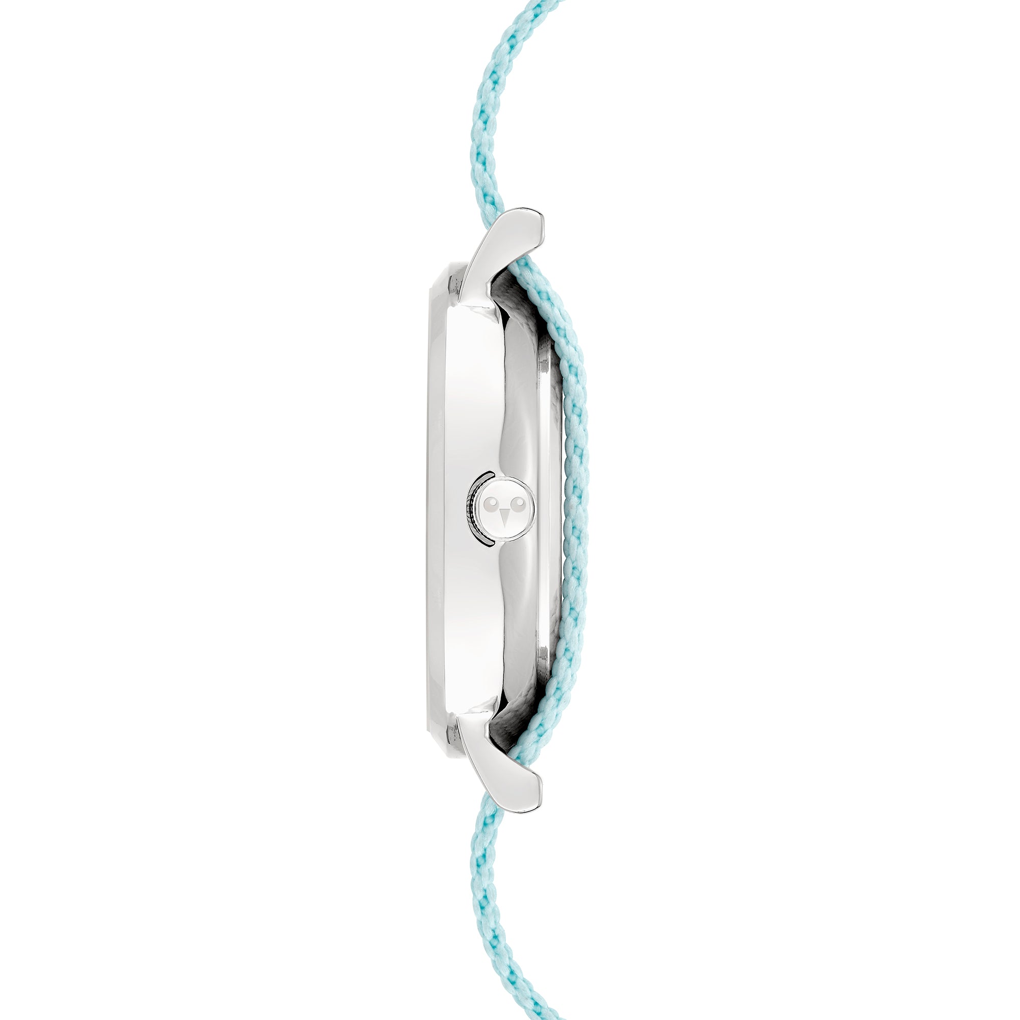 Cool Time Kids Armbanduhr mit blauem Zifferblatt mit Katzen-Design, silbernem Gehäuse und blauem Textilband; Seitenansicht