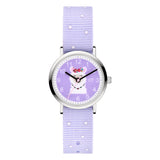 Cool Time Kids Armbanduhr mit lila Zifferblatt mit Lama-Design, silbernem Gehäuse und lila Textilband; Produktbild