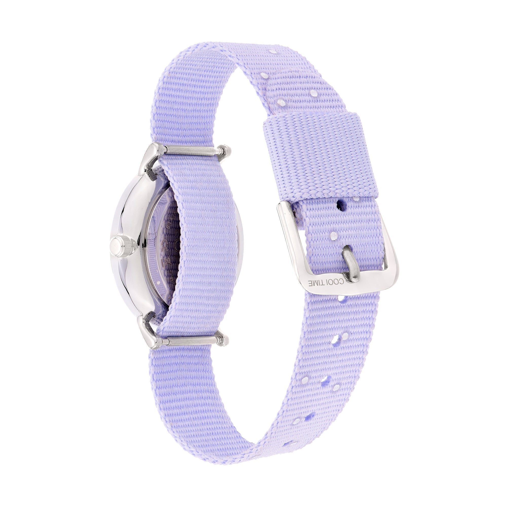Cool Time Kids Armbanduhr mit lila Zifferblatt mit Lama-Design, silbernem Gehäuse und lila Textilband; Rückansicht