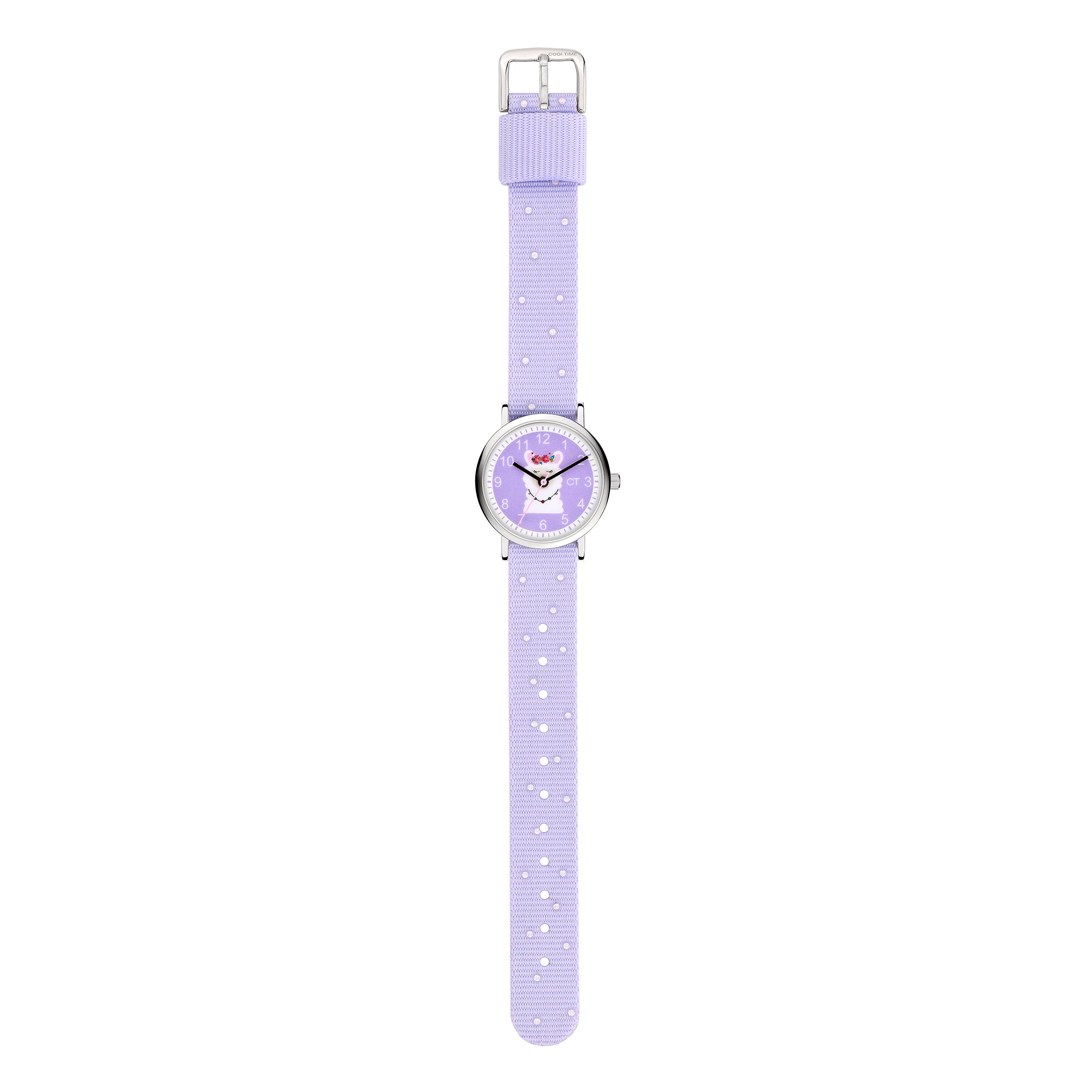 Cool Time Kids Armbanduhr mit lila Zifferblatt mit Lama-Design, silbernem Gehäuse und lila Textilband; Zusatzbild