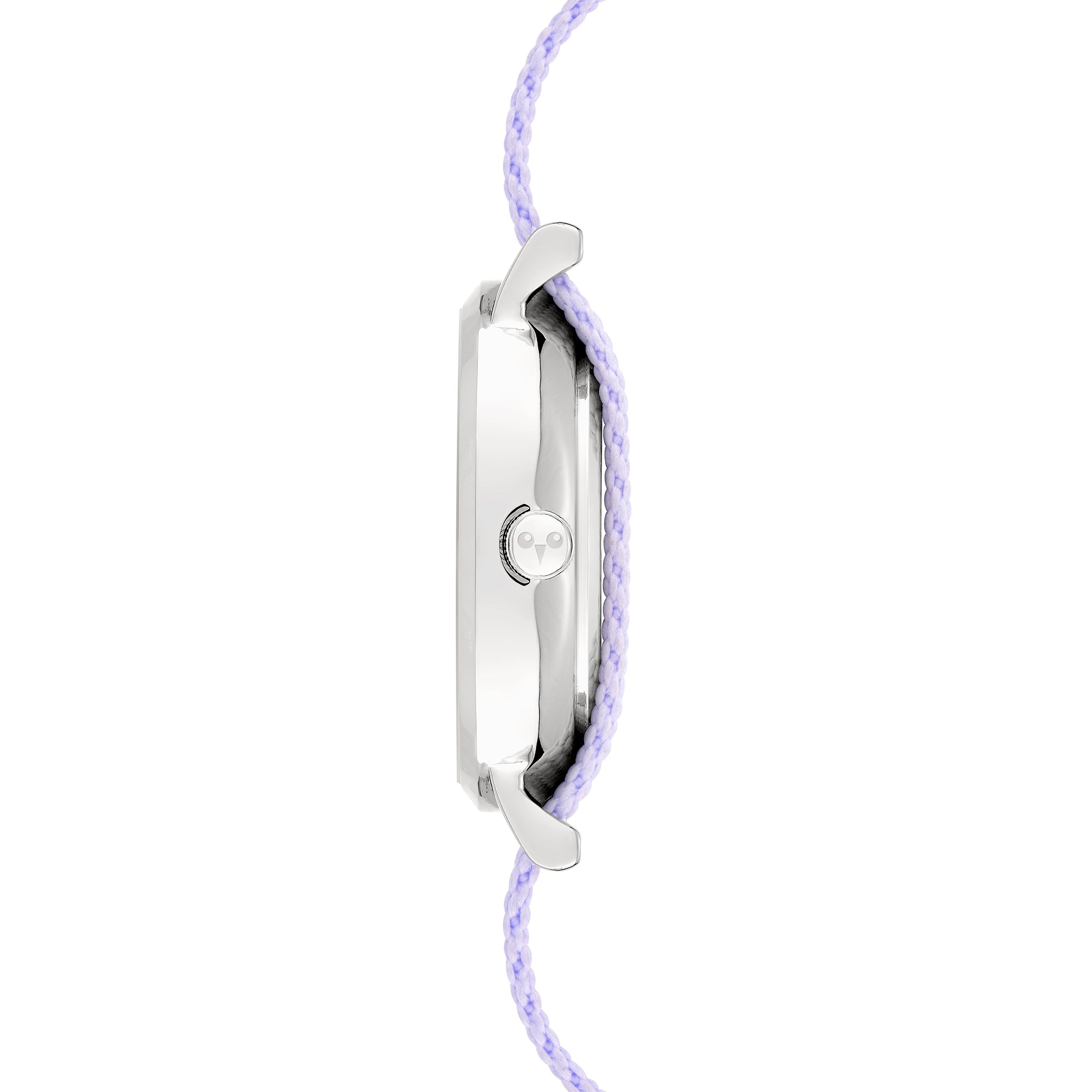 Cool Time Kids Armbanduhr mit lila Zifferblatt mit Lama-Design, silbernem Gehäuse und lila Textilband; Seitenansicht