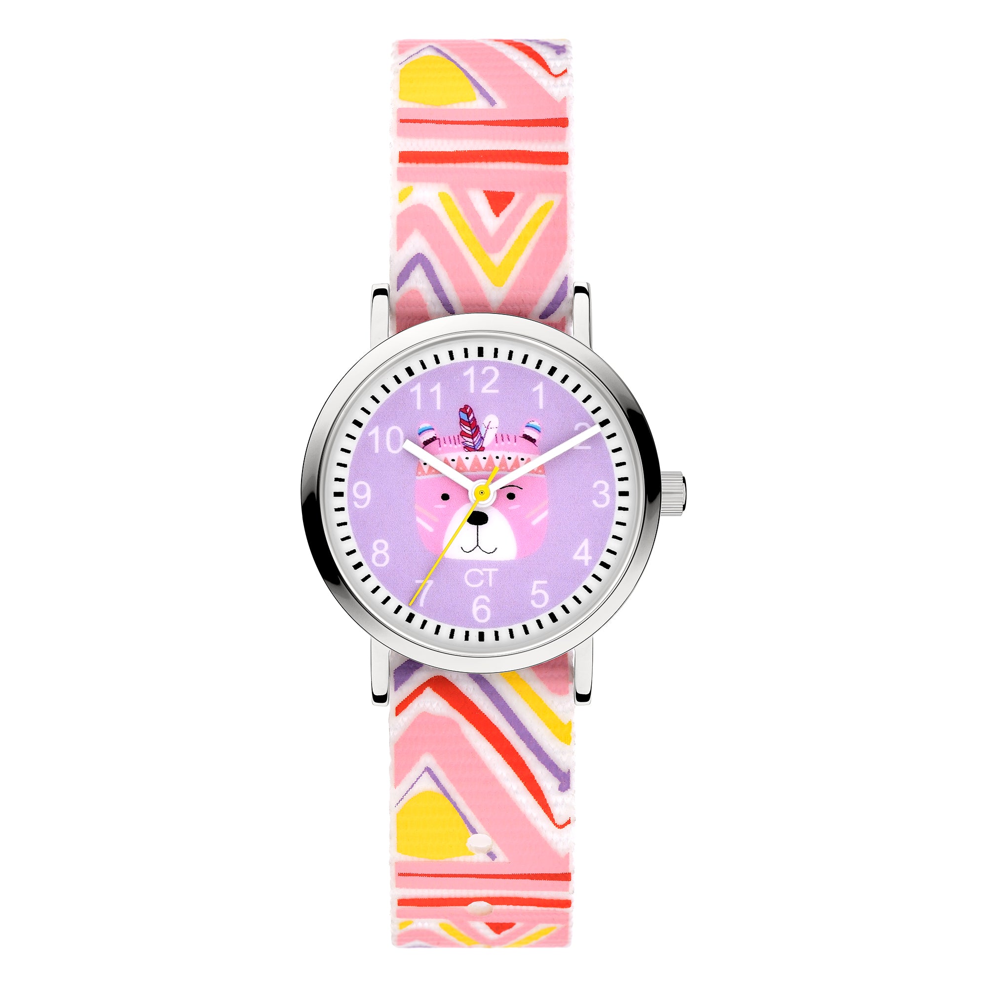 Cool Time Kids Armbanduhr mit lila Zifferblatt mit Bären-Design, silbernem Gehäuse und buntem Textilband; Produktbild