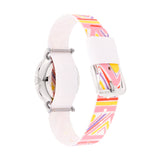 Cool Time Kids Armbanduhr mit lila Zifferblatt mit Bären-Design, silbernem Gehäuse und buntem Textilband; Rückansicht