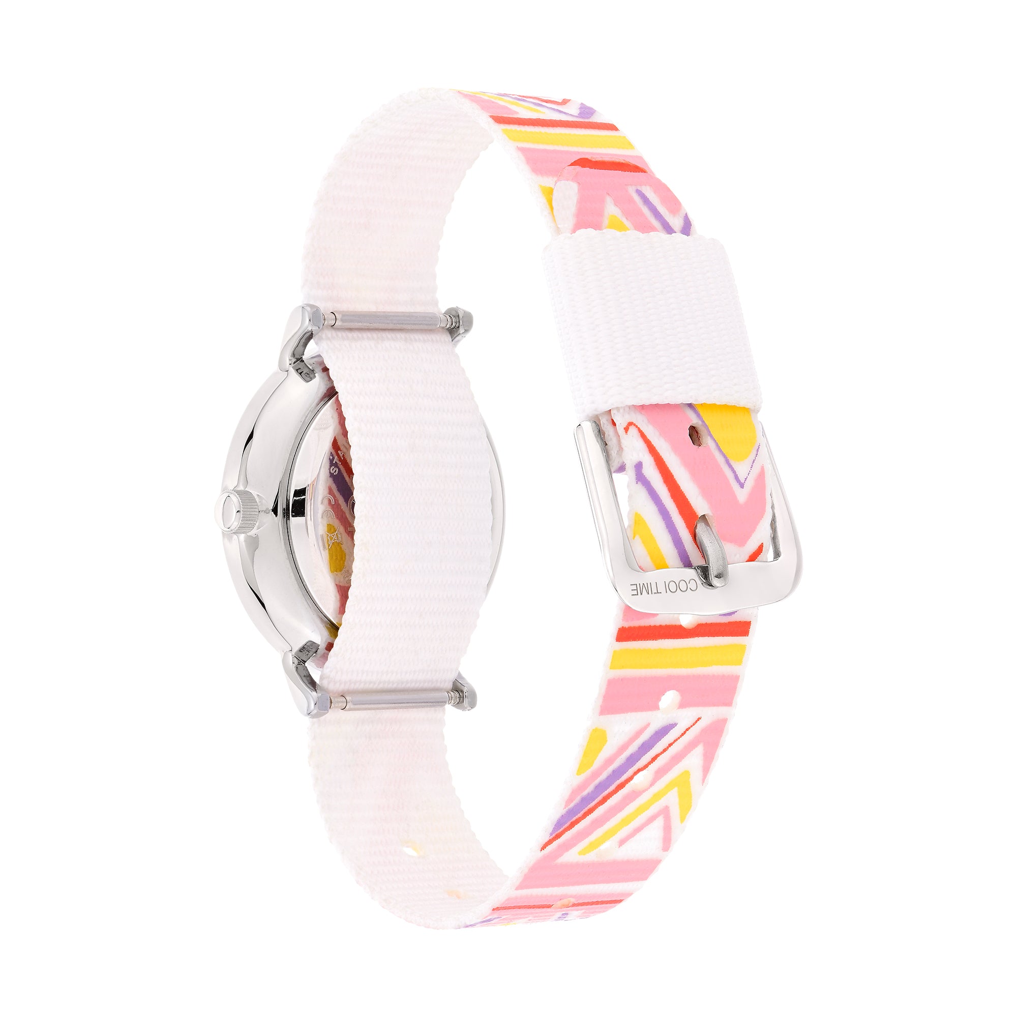 Cool Time Kids Armbanduhr mit lila Zifferblatt mit Bären-Design, silbernem Gehäuse und buntem Textilband; Rückansicht