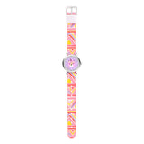 Cool Time Kids Armbanduhr mit lila Zifferblatt mit Bären-Design, silbernem Gehäuse und buntem Textilband; Zusatzbild