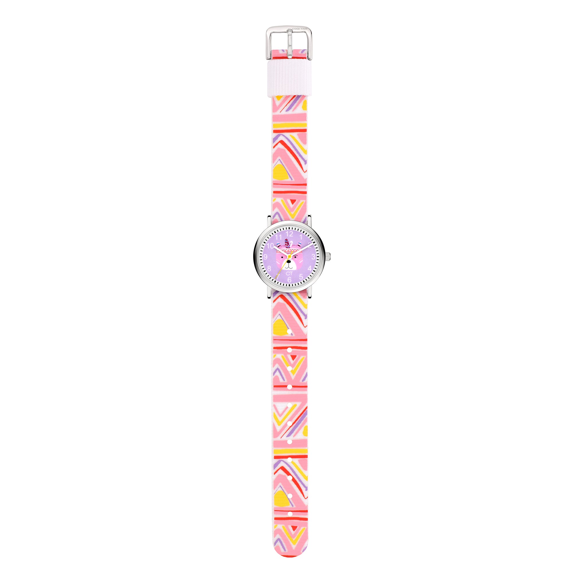 Cool Time Kids Armbanduhr mit lila Zifferblatt mit Bären-Design, silbernem Gehäuse und buntem Textilband; Zusatzbild