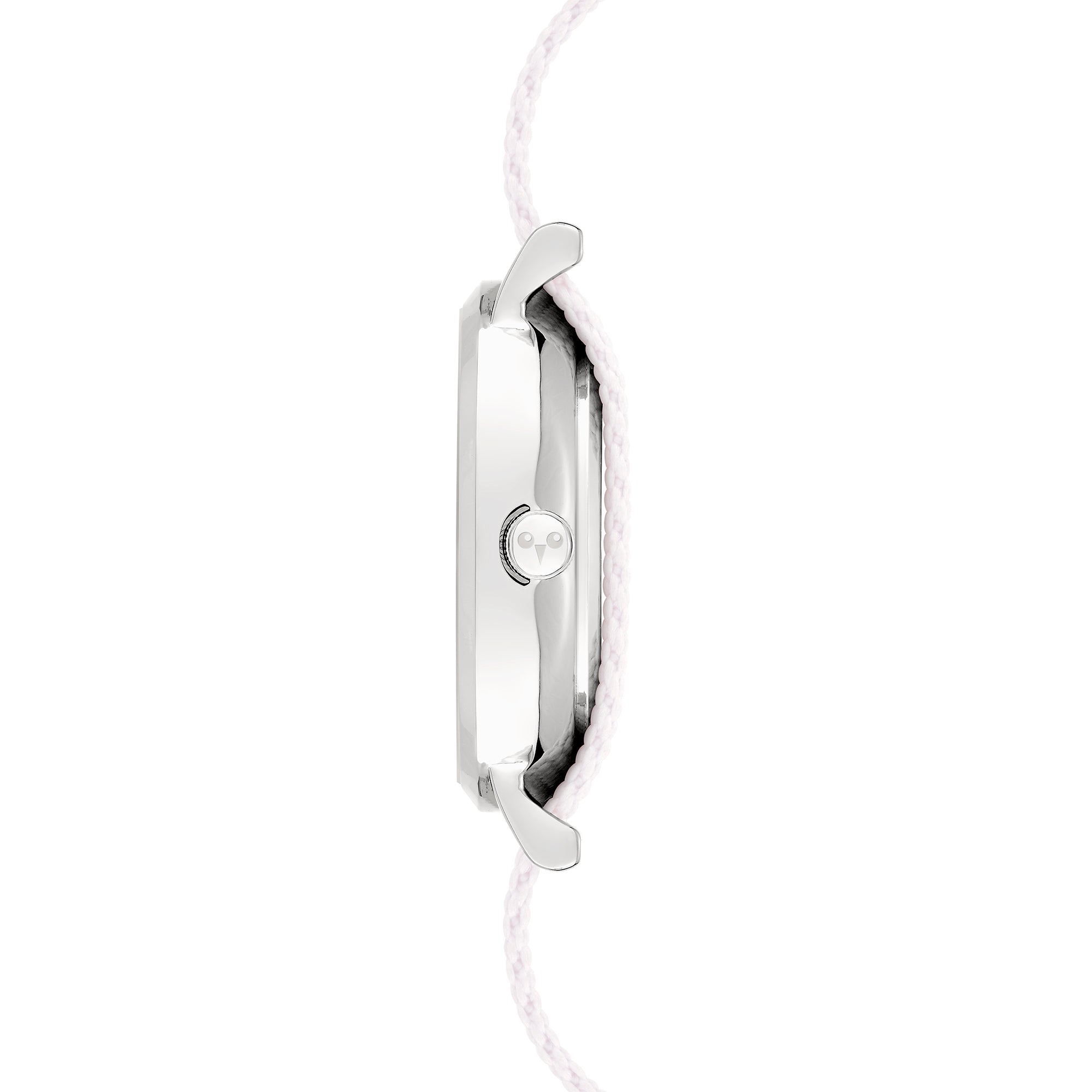 Cool Time Kids Armbanduhr mit lila Zifferblatt mit Bären-Design, silbernem Gehäuse und buntem Textilband; Seitenansicht