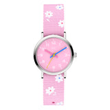 Cool Time Kids Armbanduhr mit rosa Zifferblatt, silbernem Gehäuse und rosa Textilarmband mit weißen Blumen; Produktbild