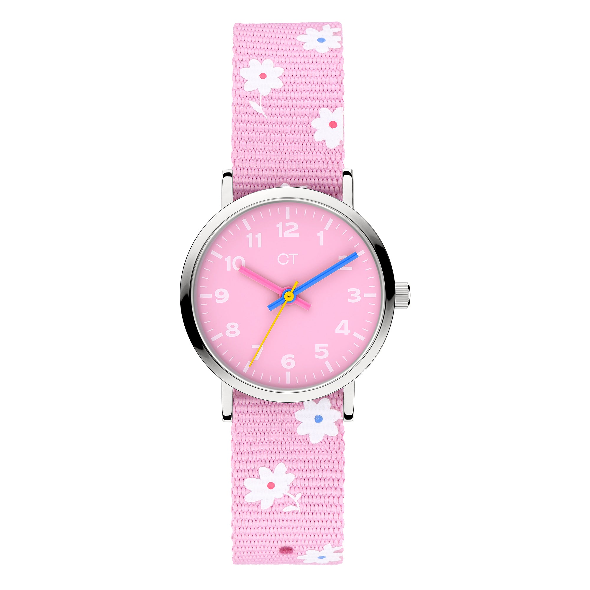 Cool Time Kids Armbanduhr mit rosa Zifferblatt, silbernem Gehäuse und rosa Textilarmband mit weißen Blumen; Produktbild