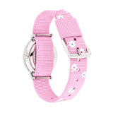 Cool Time Kids Armbanduhr mit rosa Zifferblatt, silbernem Gehäuse und rosa Textilarmband mit weißen Blumen; Rückansicht