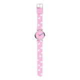 Cool Time Kids Armbanduhr mit rosa Zifferblatt, silbernem Gehäuse und rosa Textilarmband mit weißen Blumen; Produktbild