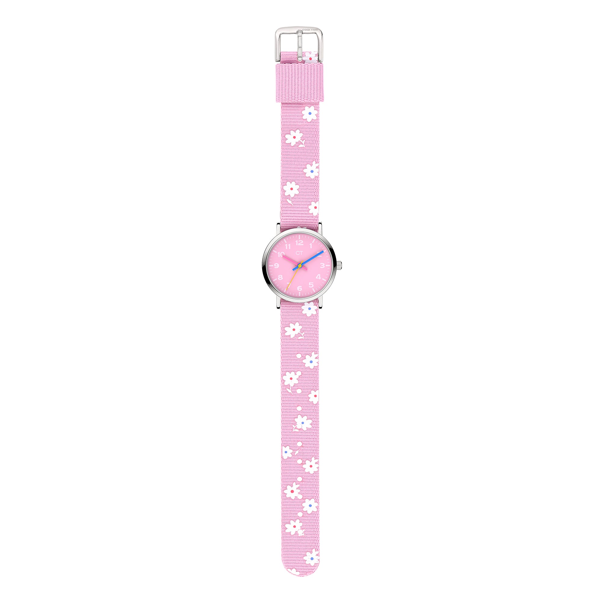Cool Time Kids Armbanduhr mit rosa Zifferblatt, silbernem Gehäuse und rosa Textilarmband mit weißen Blumen; Produktbild