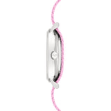 Cool Time Kids Armbanduhr mit rosa Zifferblatt, silbernem Gehäuse und rosa Textilarmband mit weißen Blumen; Seitenansicht