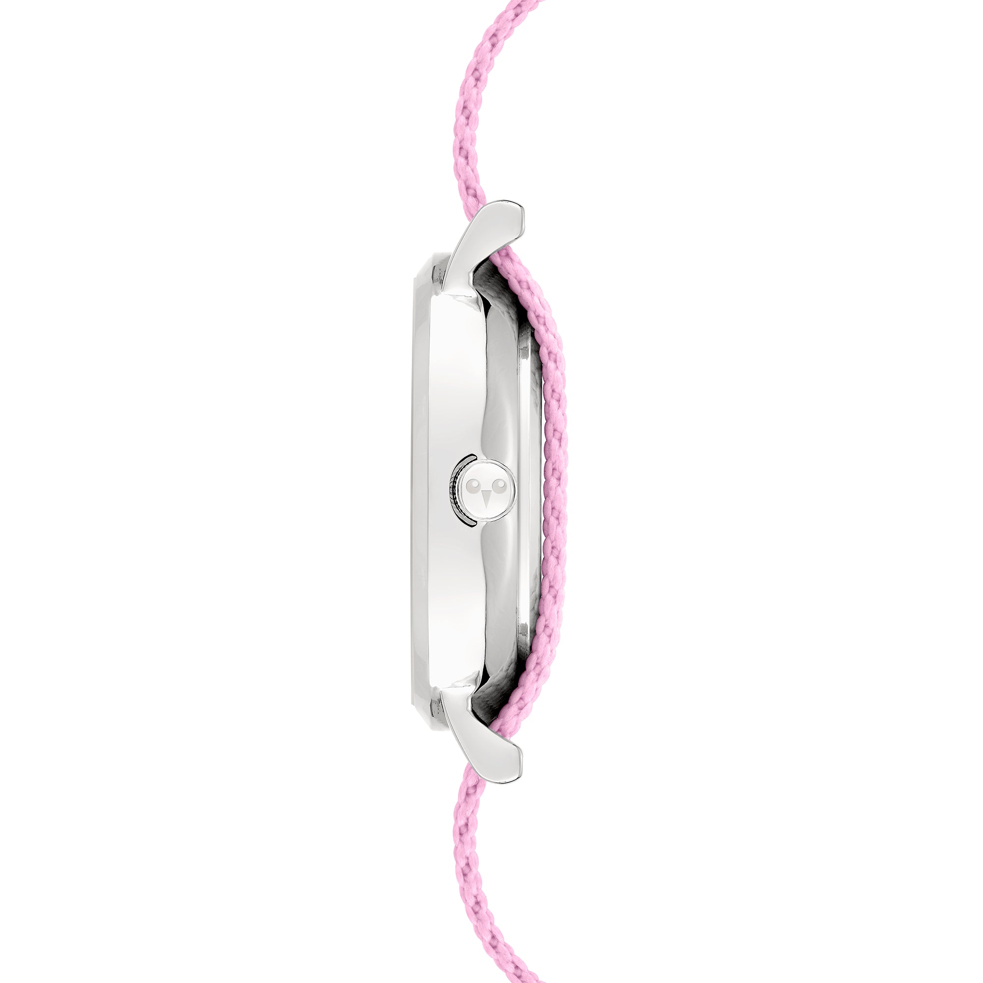 Cool Time Kids Armbanduhr mit rosa Zifferblatt, silbernem Gehäuse und rosa Textilarmband mit weißen Blumen; Seitenansicht