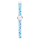 Cool Time Kids Armbanduhr mit rosa Indizes, silbernem Gehäuse und blauem Textilband mit blauen und rosa Blumen; Produktbild