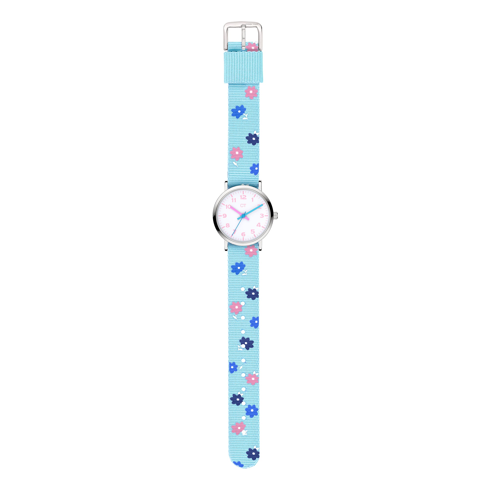 Cool Time Kids Armbanduhr mit rosa Indizes, silbernem Gehäuse und blauem Textilband mit blauen und rosa Blumen; Produktbild