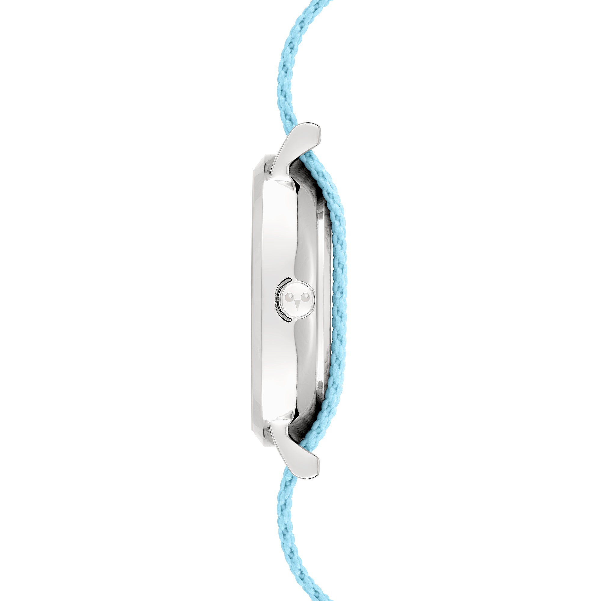 Cool Time Kids Armbanduhr mit rosa Indizes, silbernem Gehäuse und blauem Textilband mit blauen und rosa Blumen; Seitenansicht
