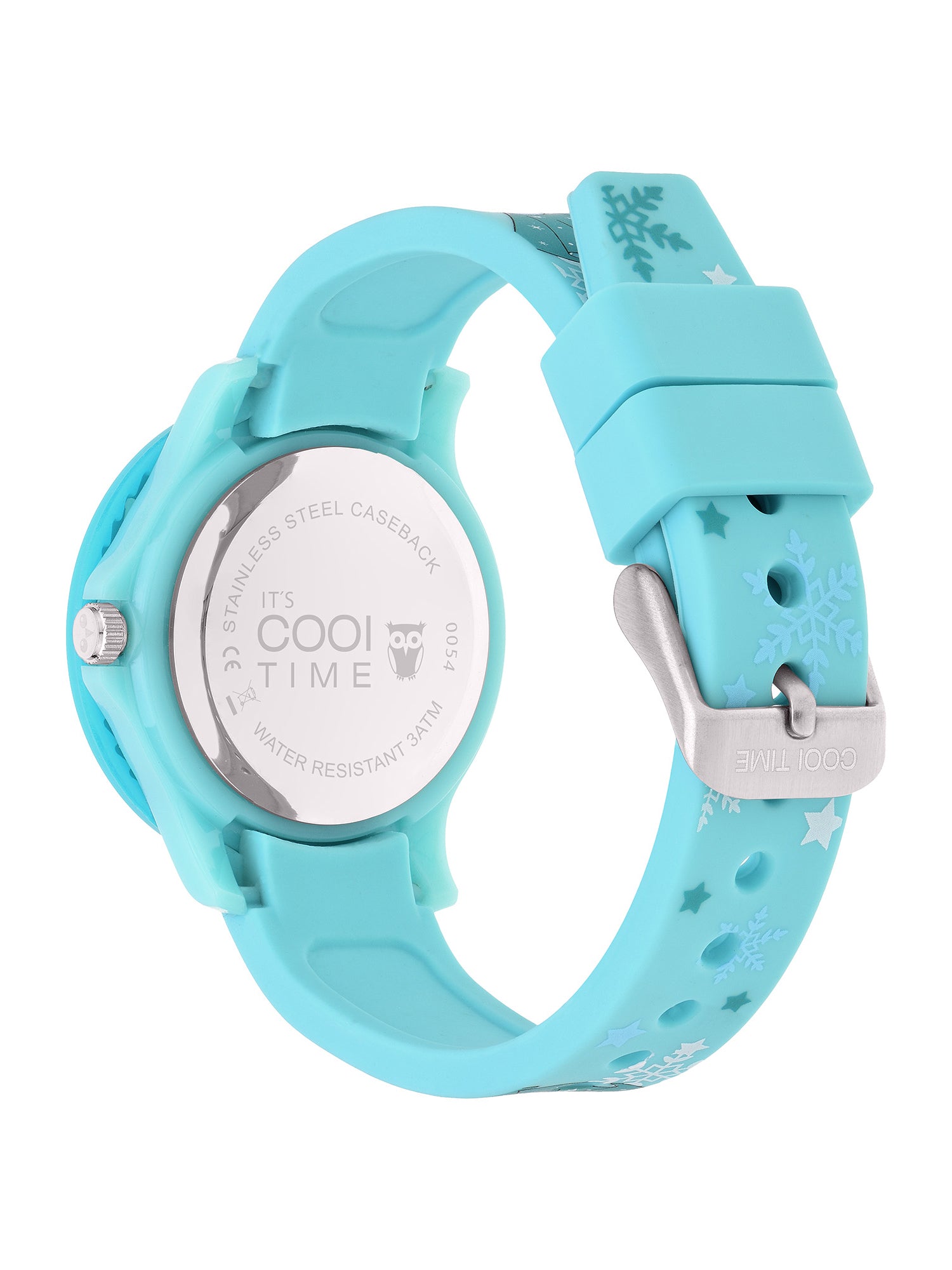 Rückansicht der Cool Time Kids Armbanduhr - The Cool Ice Princess von Cool Time, einer blauen Kinderuhr mit Schneeflockenmuster und einem Gehäuseboden aus Edelstahl, inspiriert von der Eisprinzessin.