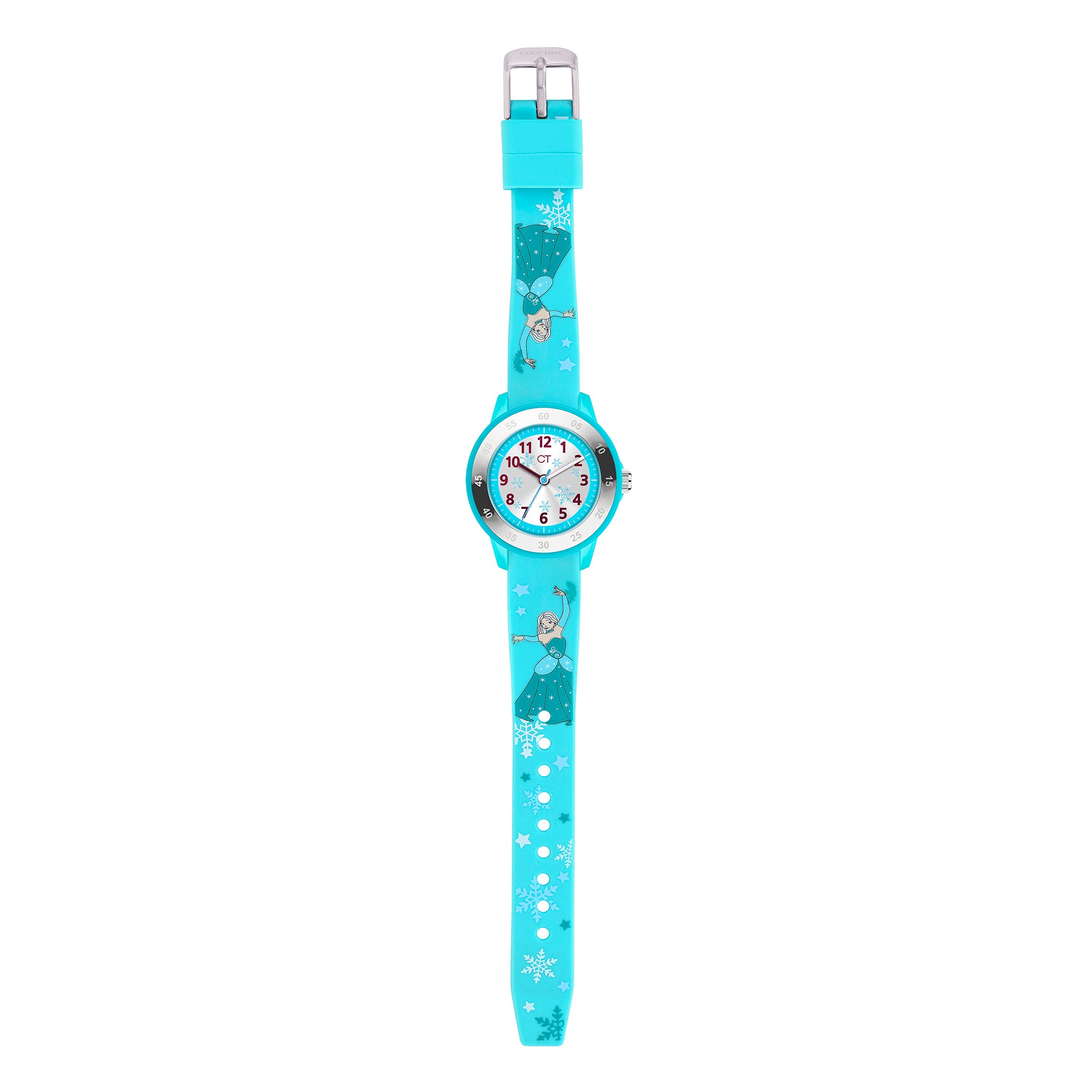Die Cool Time Kids Armbanduhr - The Cool Ice Princess von Cool Time hat ein hellblaues Armband mit Schneeflocken und einer Eisprinzessin auf weißem Hintergrund.