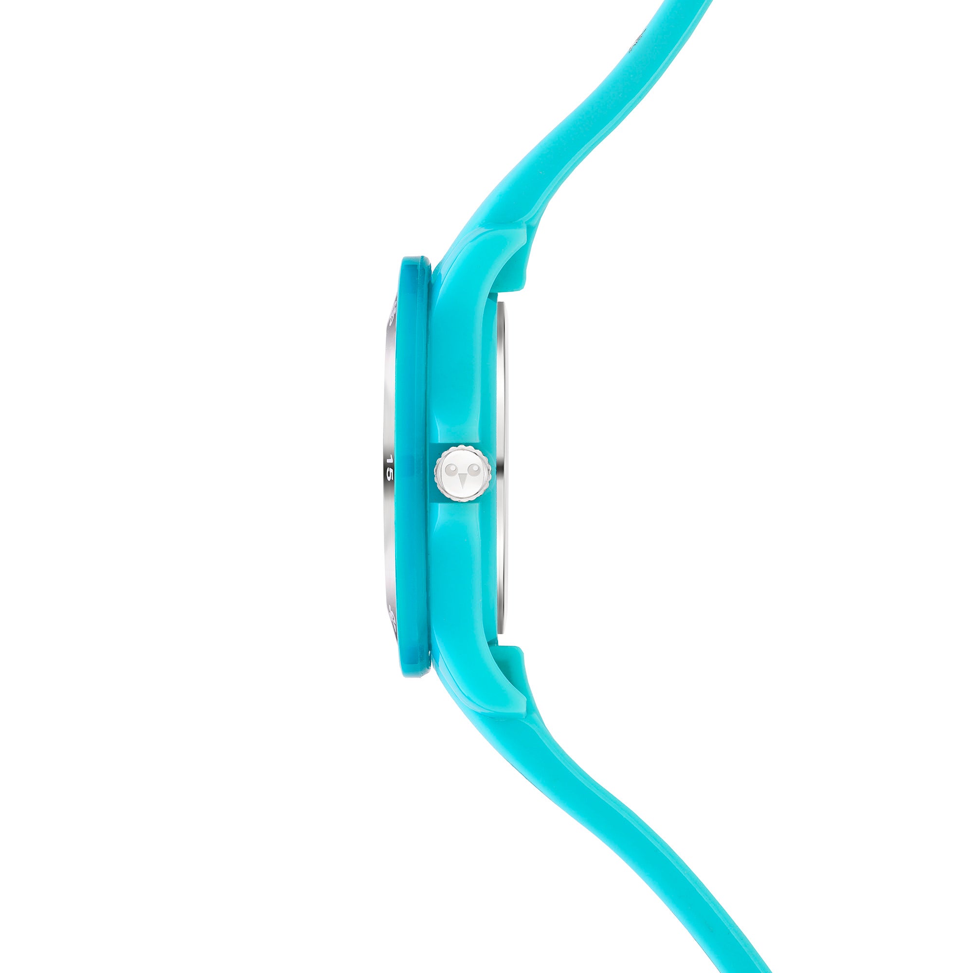 Seitenansicht der Cool Time Kids Armbanduhr - The Cool Ice Princess von Cool Time, mit einem blauen runden Gesicht und einer silbernen Krone, inspiriert von der Eisprinzessin, isoliert auf einem weißen Hintergrund.