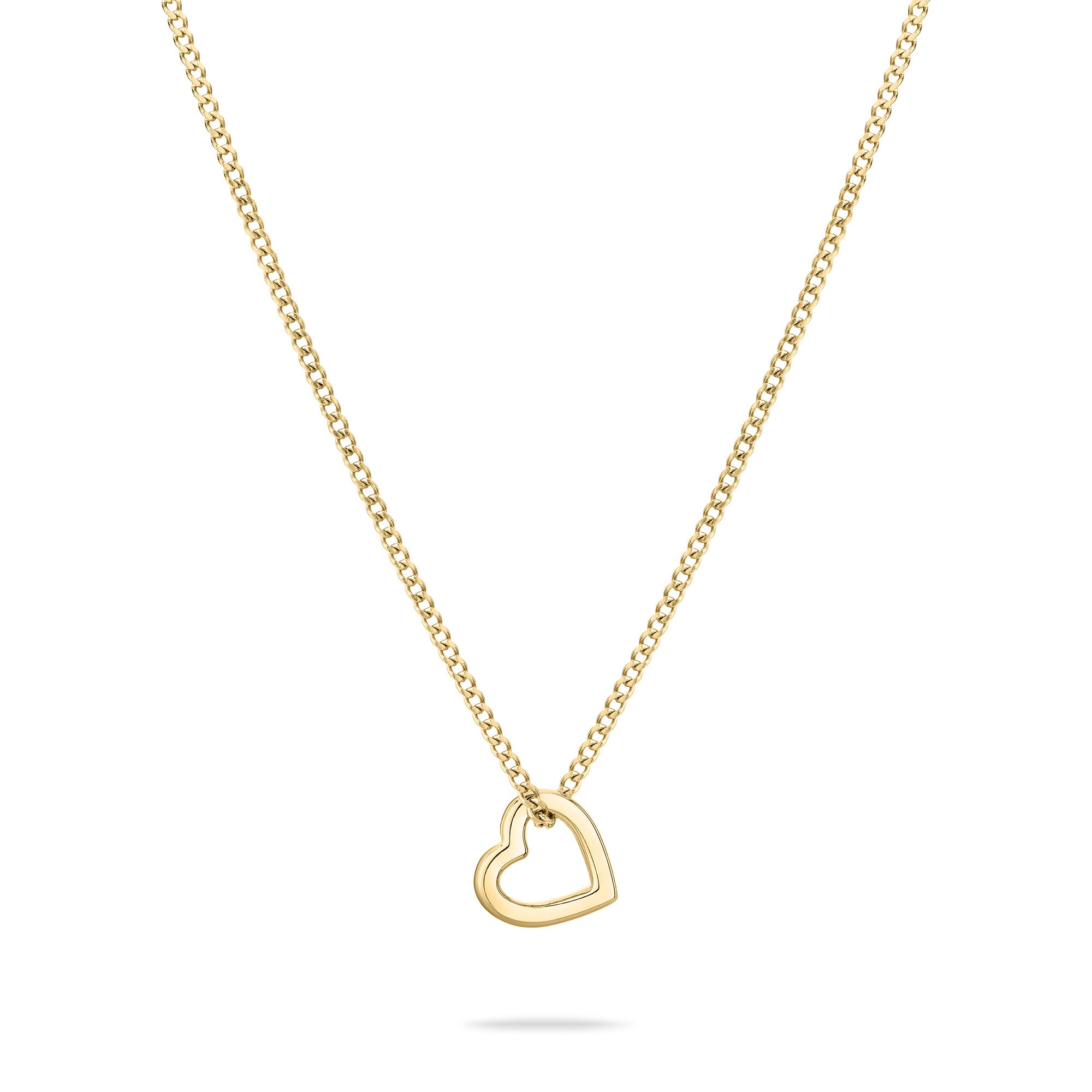 Die Tamaris Halskette - The Love Heart präsentiert eine goldene Kette mit einem herzförmigen Anhänger auf weißem Grund. Diese elegante Halskette von Tamaris ist perfekt, um Ihrem Stil Romantik zu verleihen.