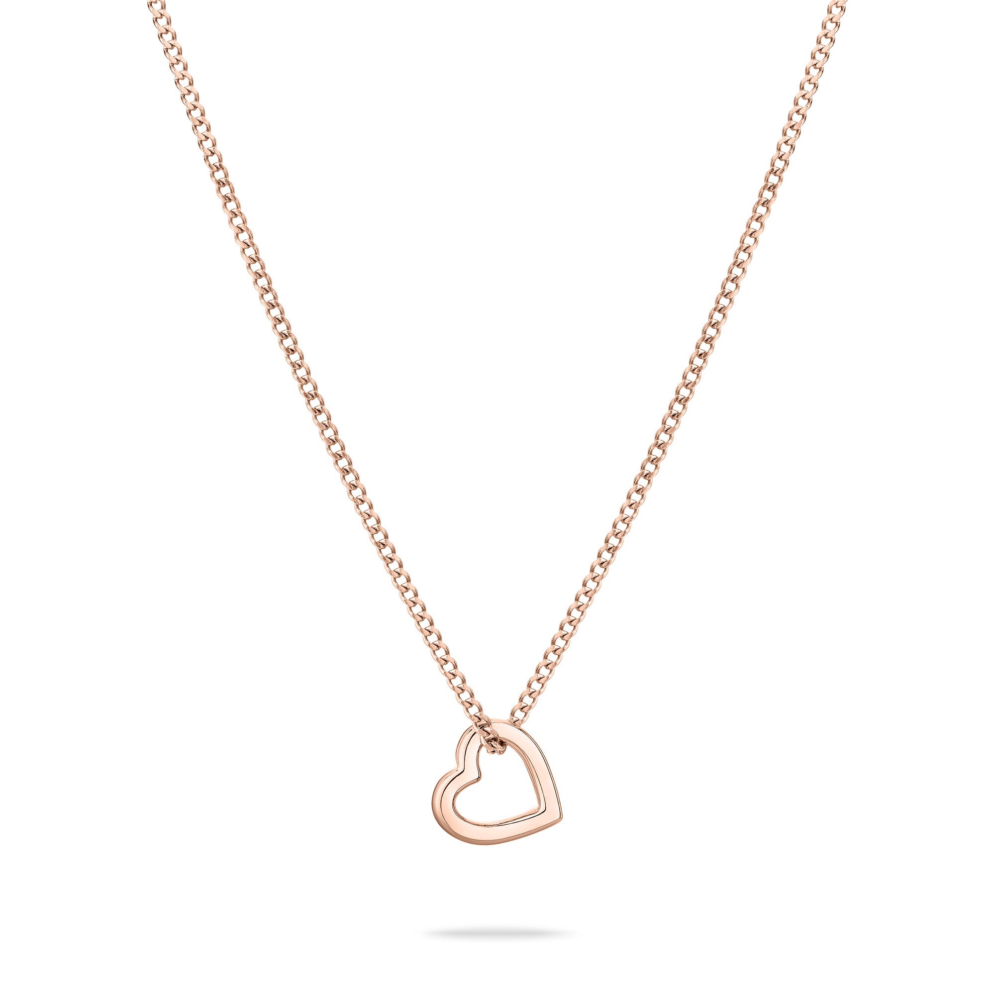 Tamaris Halskette - The Love Heart von Tamaris in Roségold mit filigranem, herzförmigem Anhänger vor weißem Hintergrund.