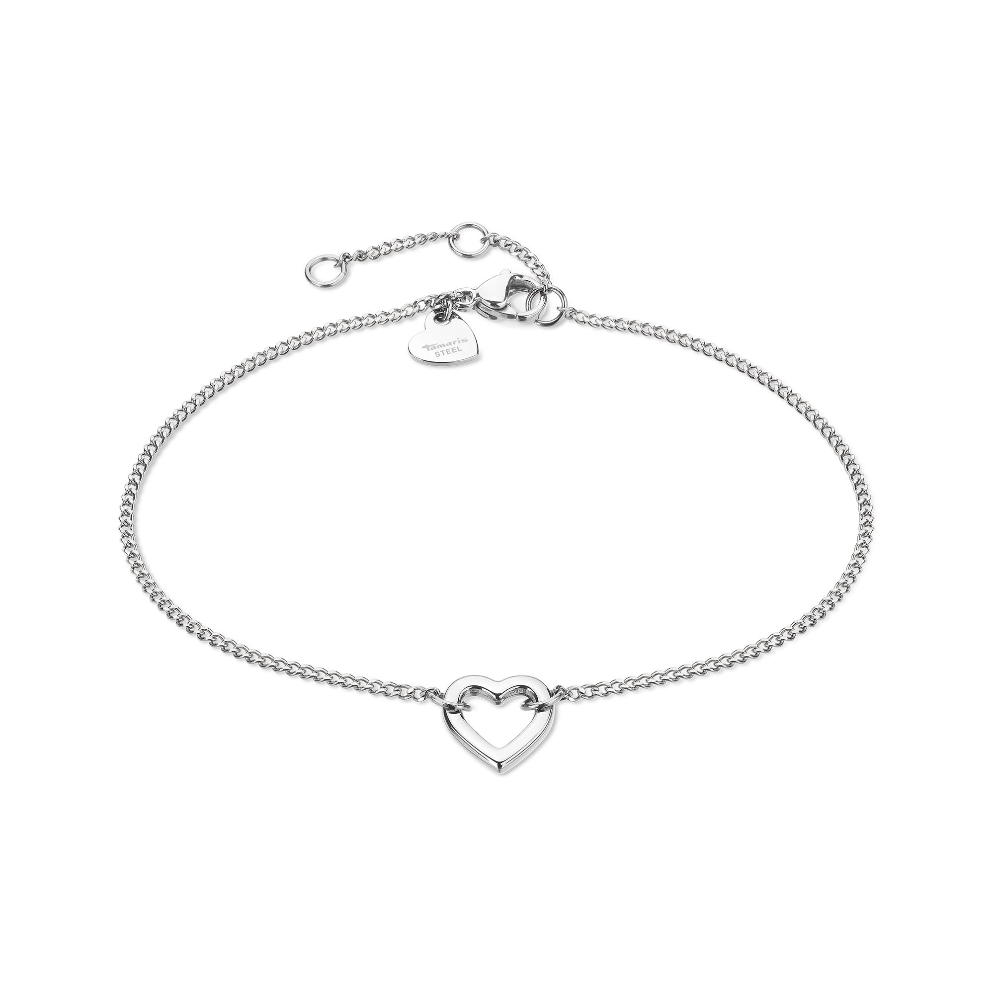 Das Tamaris Armband - The Love Heart hat eine silberne Kette, einen herzförmigen Anhänger und einen verstellbaren Verschluss - ein vielseitiges Tamaris-Accessoire für jede Gelegenheit.