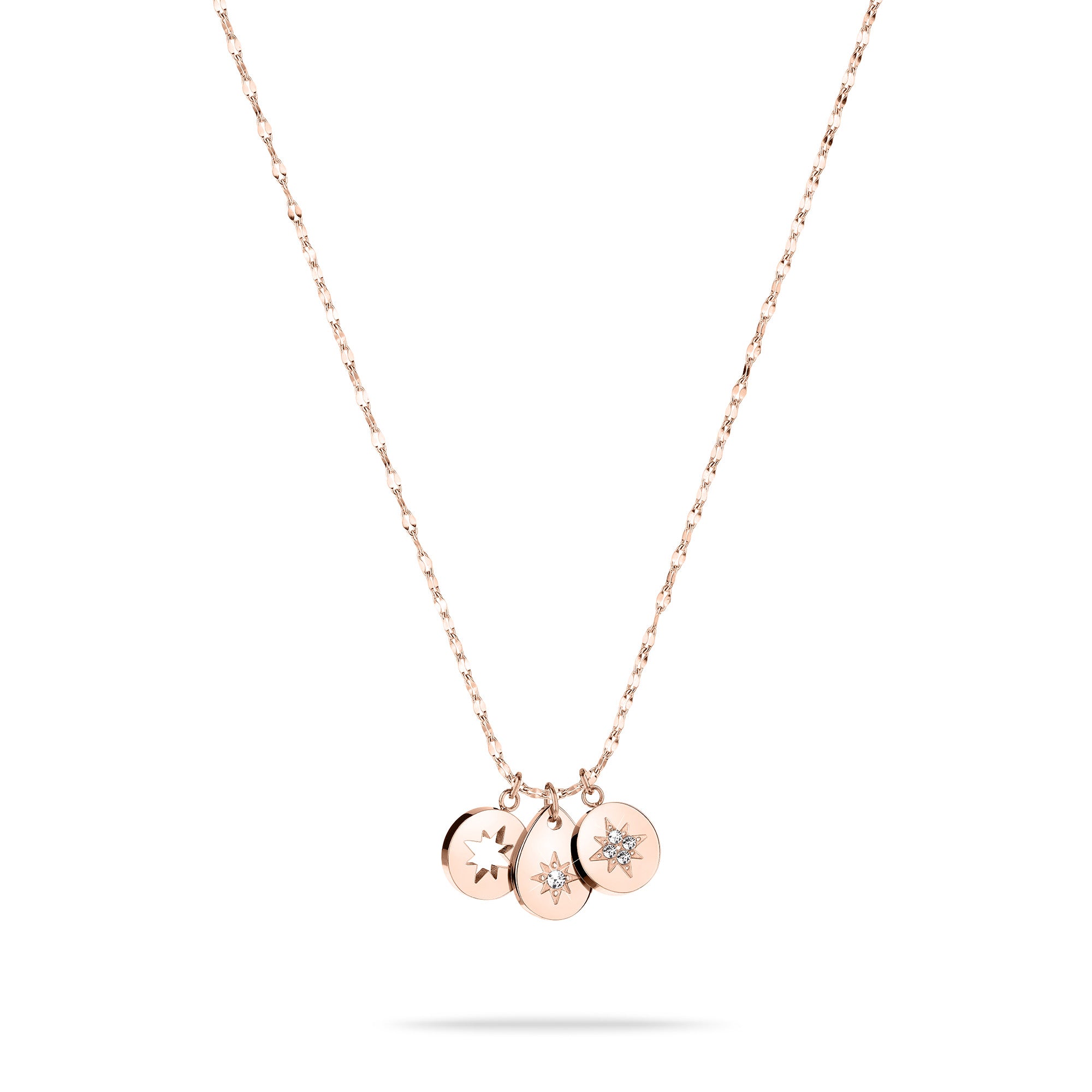 Die Tamaris Halskette - The Sparkling Stars von Tamaris besteht aus drei runden Anhängern aus Roségold mit eingravierten Sternen-, Mond- und Sonnenmotiven an einer zarten Kette - ein elegantes Schmuckstück für jeden Anlass.