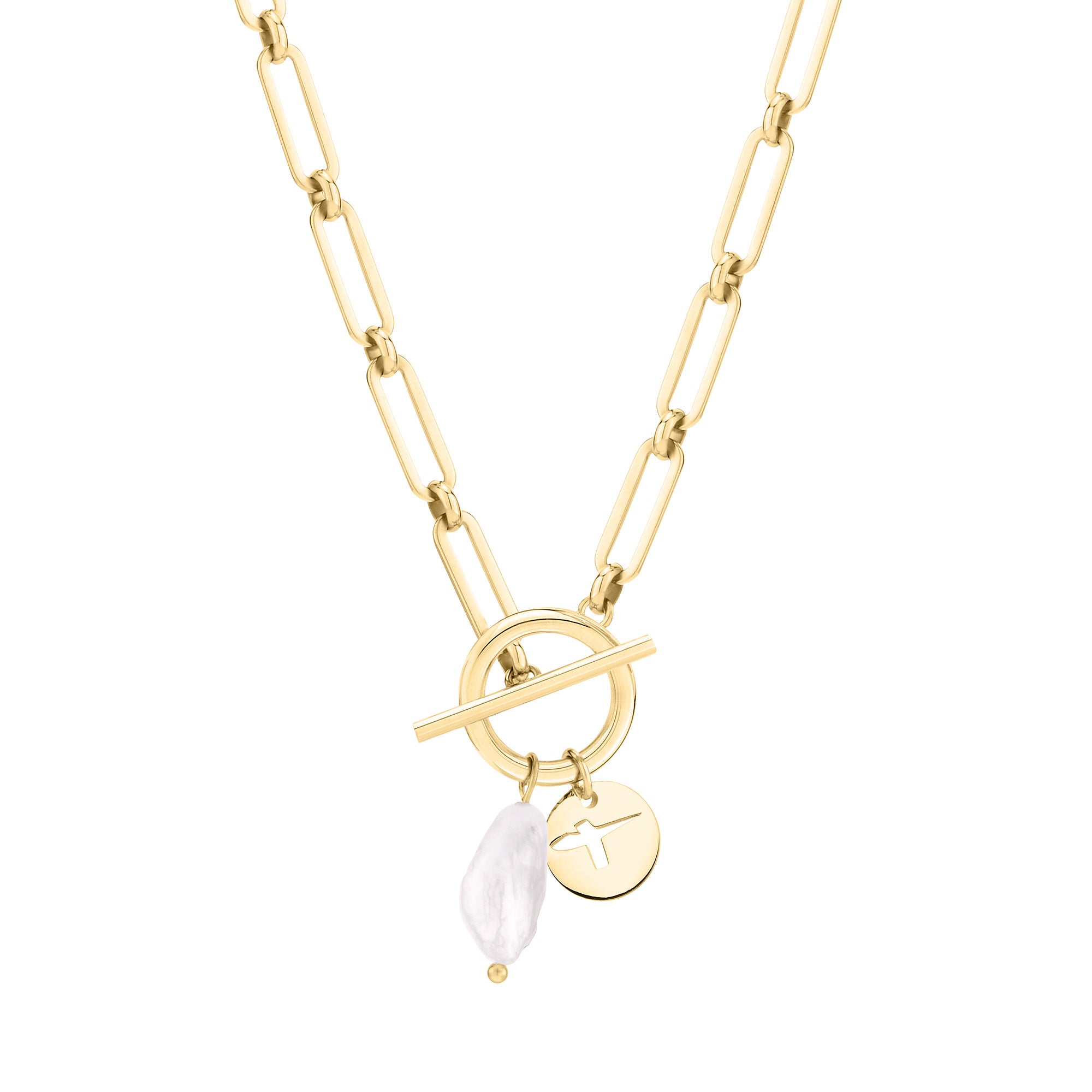 Tamaris Halskette bestehend aus einer goldenen Gliederkette mit Logo-Charm, Freshwater Pearl und T-Bar-Verschluss; Produktbild